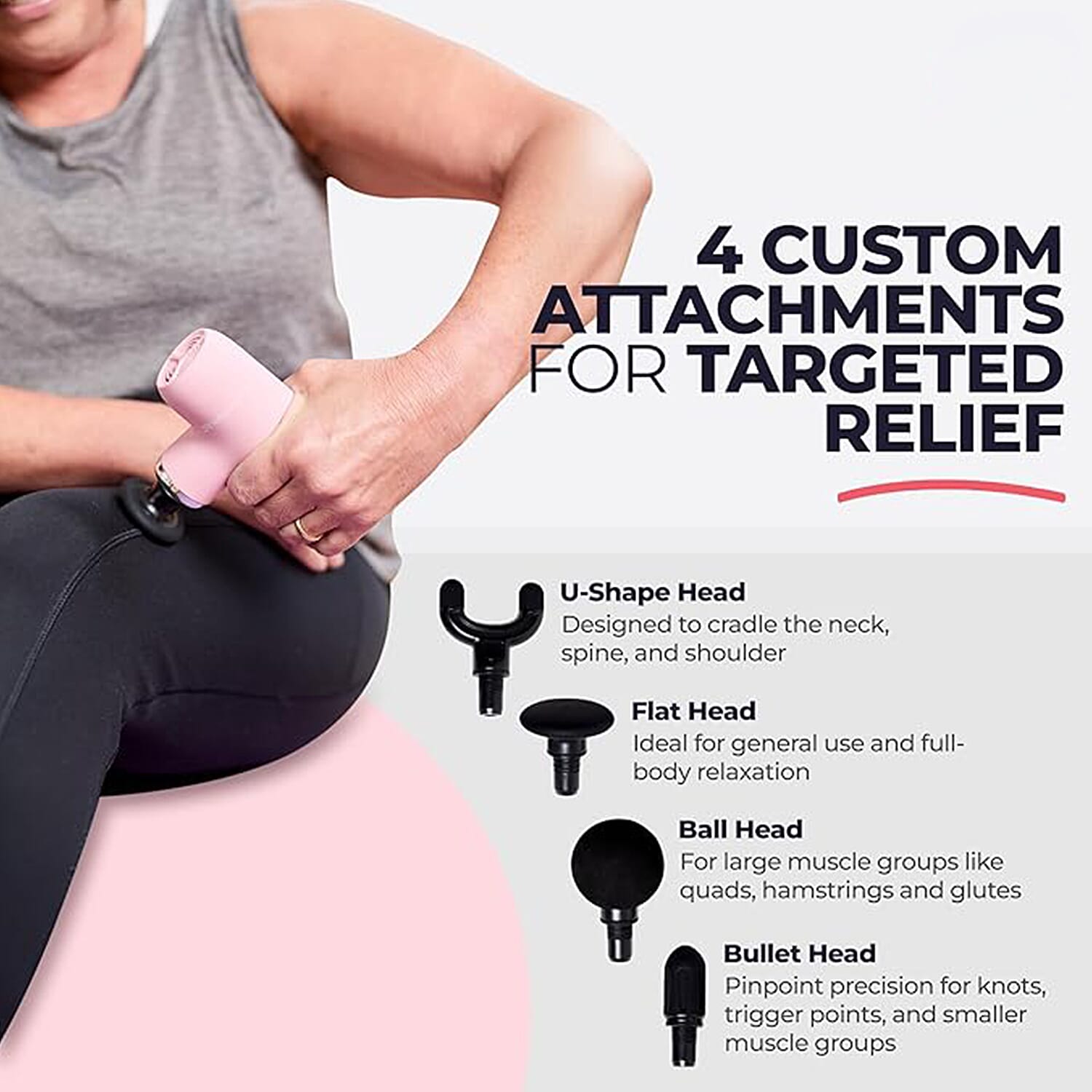 MightyMitts Portable Massage Gun for Deep Tissue Muscle Recovery with 4 Heads and 6 Speeds - Pink