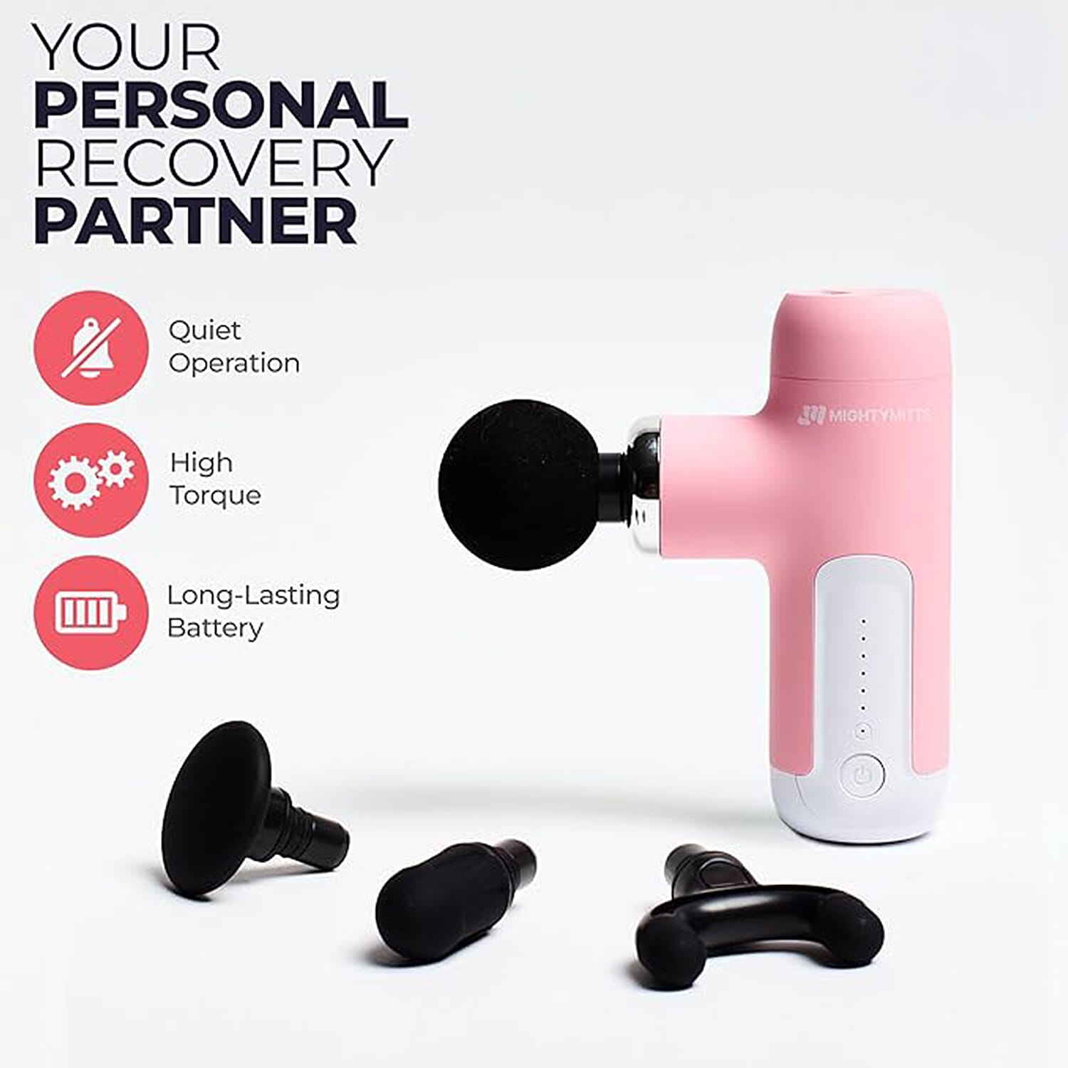 MightyMitts Portable Massage Gun for Deep Tissue Muscle Recovery with 4 Heads and 6 Speeds - Pink