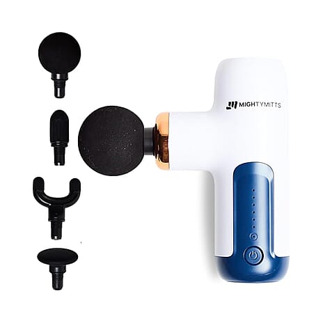 MightyMitts Portable Massage Gun for Deep Tissue Muscle Recovery with 4 Heads and 6 Speeds - White