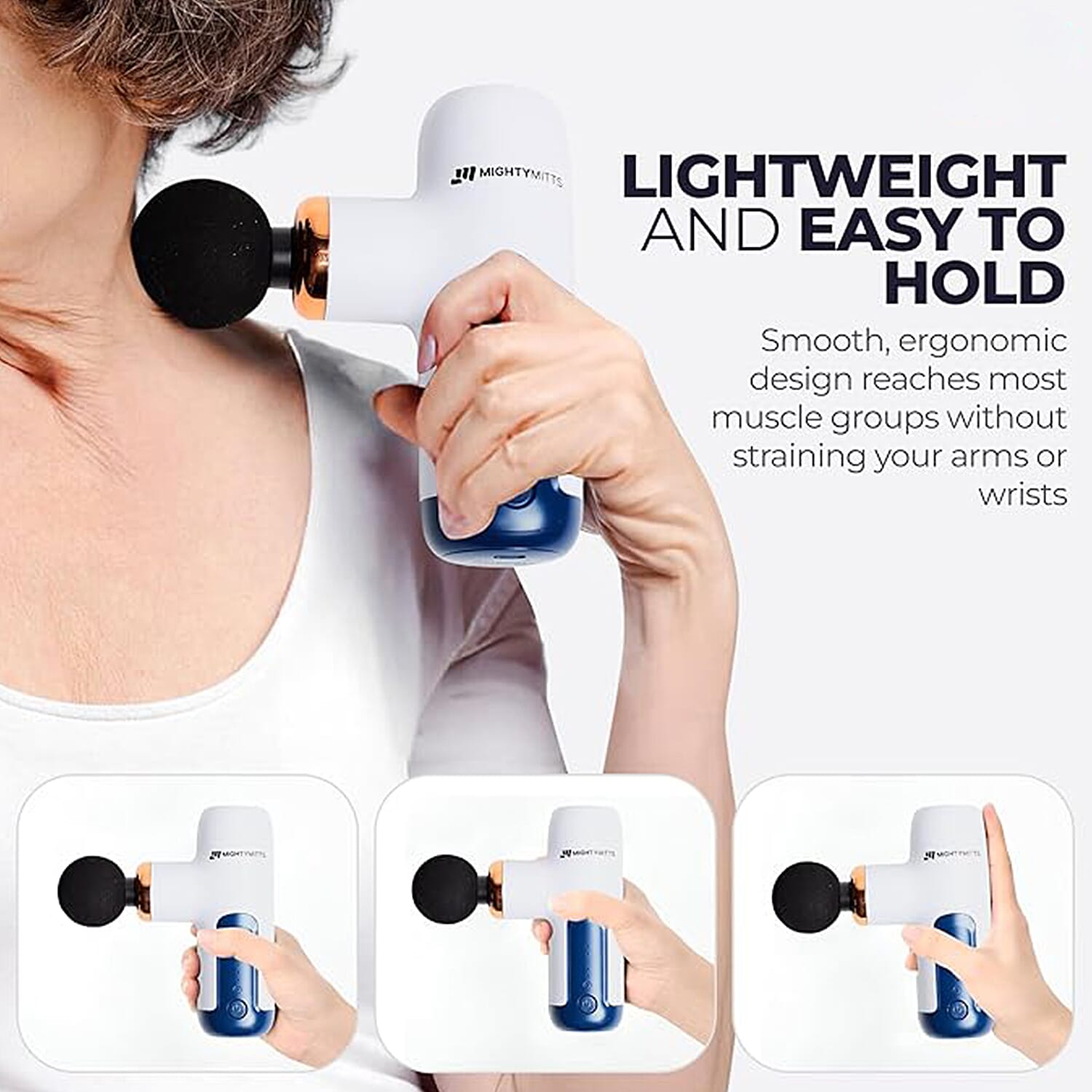 MightyMitts Portable Massage Gun for Deep Tissue Muscle Recovery with 4 Heads and 6 Speeds - White
