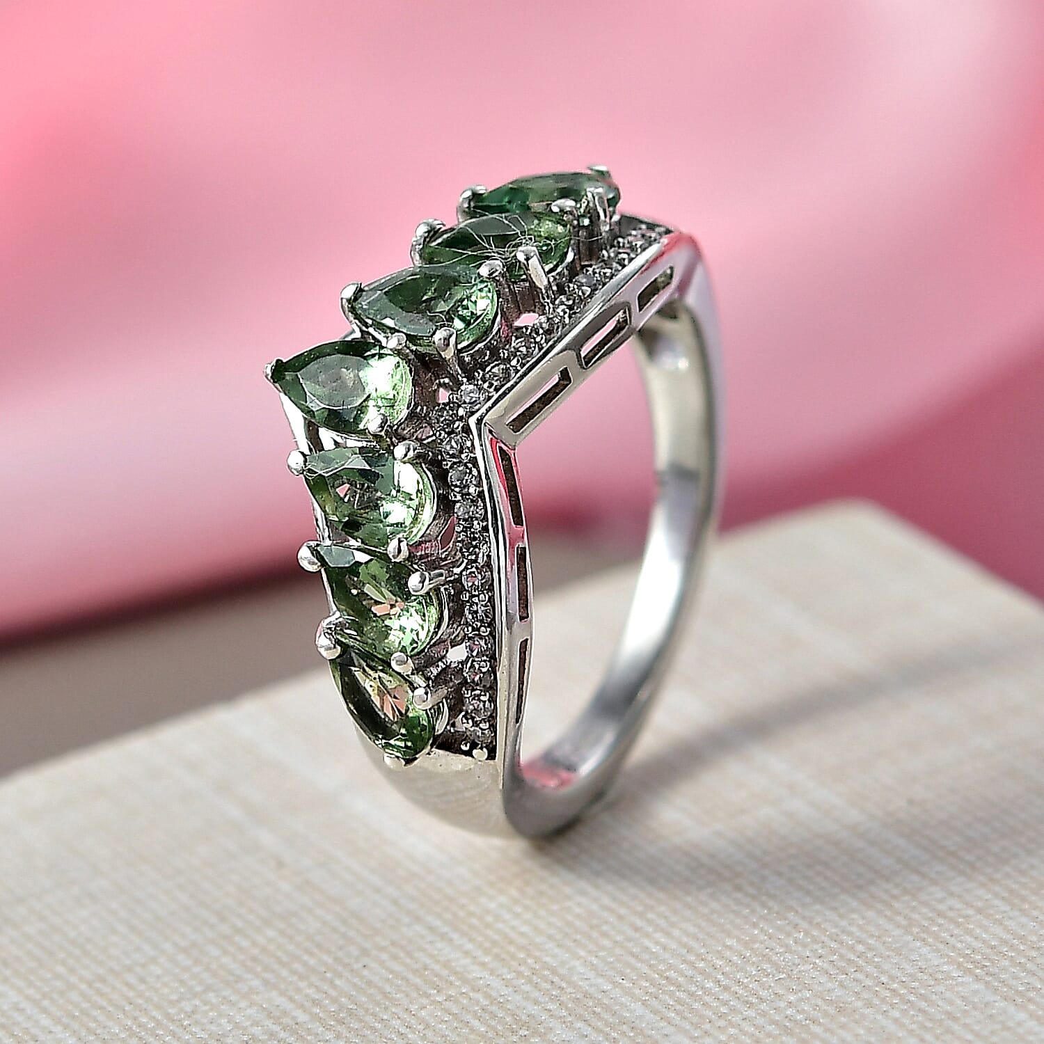 D'Joy Green Apatite & White Zircon Half Eternity Band Ring in Platinum Overlay Sterling Silver 1.85 Ct.