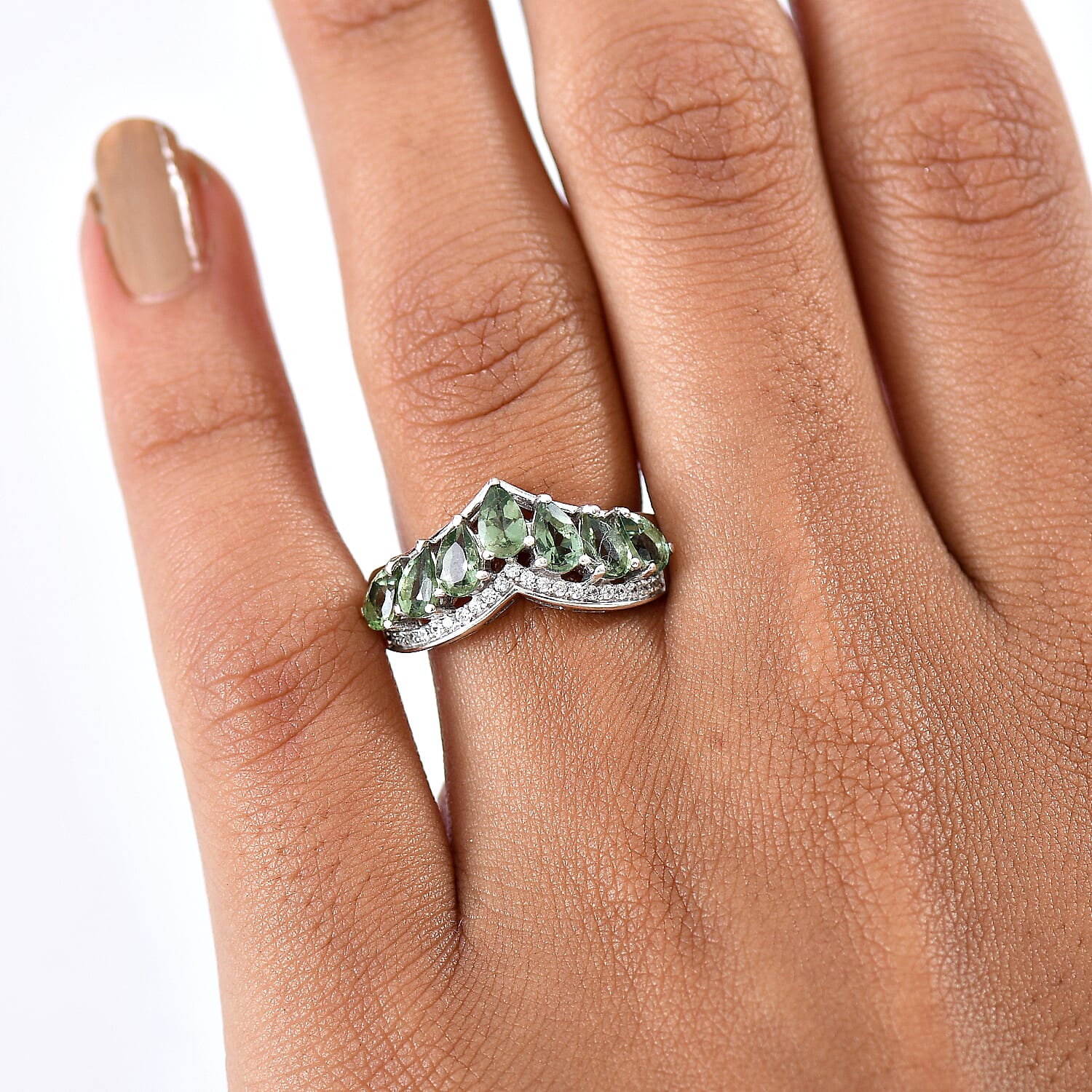 D'Joy Green Apatite & White Zircon Half Eternity Band Ring in Platinum Overlay Sterling Silver 1.85 Ct.