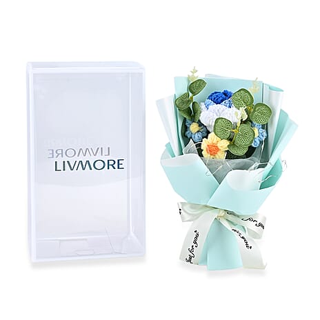 LIVMORE Handmade Knitted Flower Bouquet with 10 LED Lights (26cm) - Turquoise