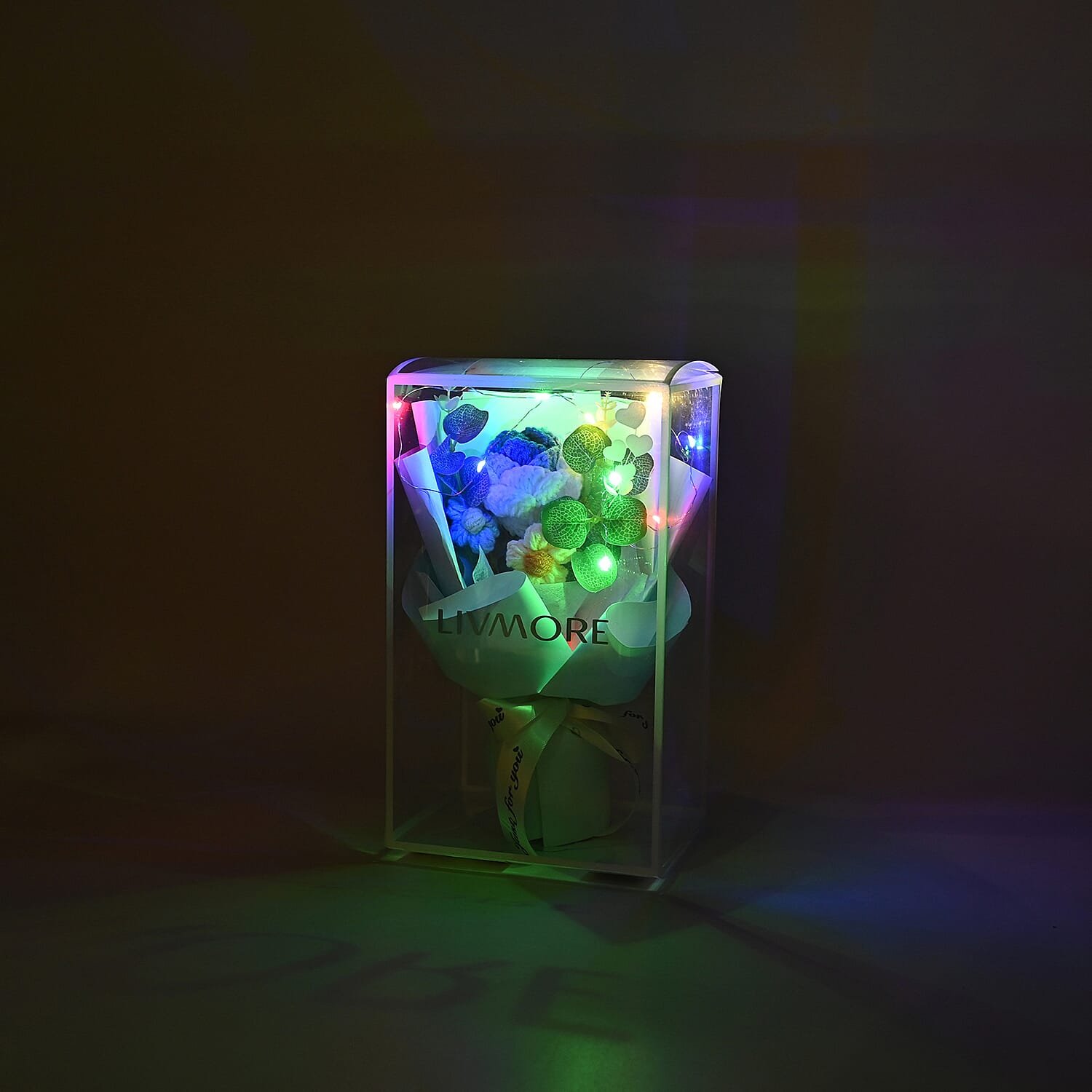 LIVMORE Handmade Knitted Flower Bouquet with 10 LED Lights (26cm) - Turquoise