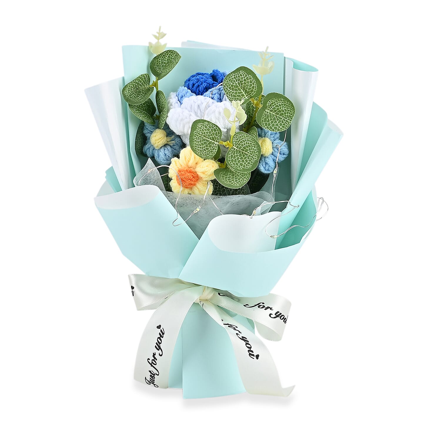 LIVMORE Handmade Knitted Flower Bouquet with 10 LED Lights (26cm) - Turquoise