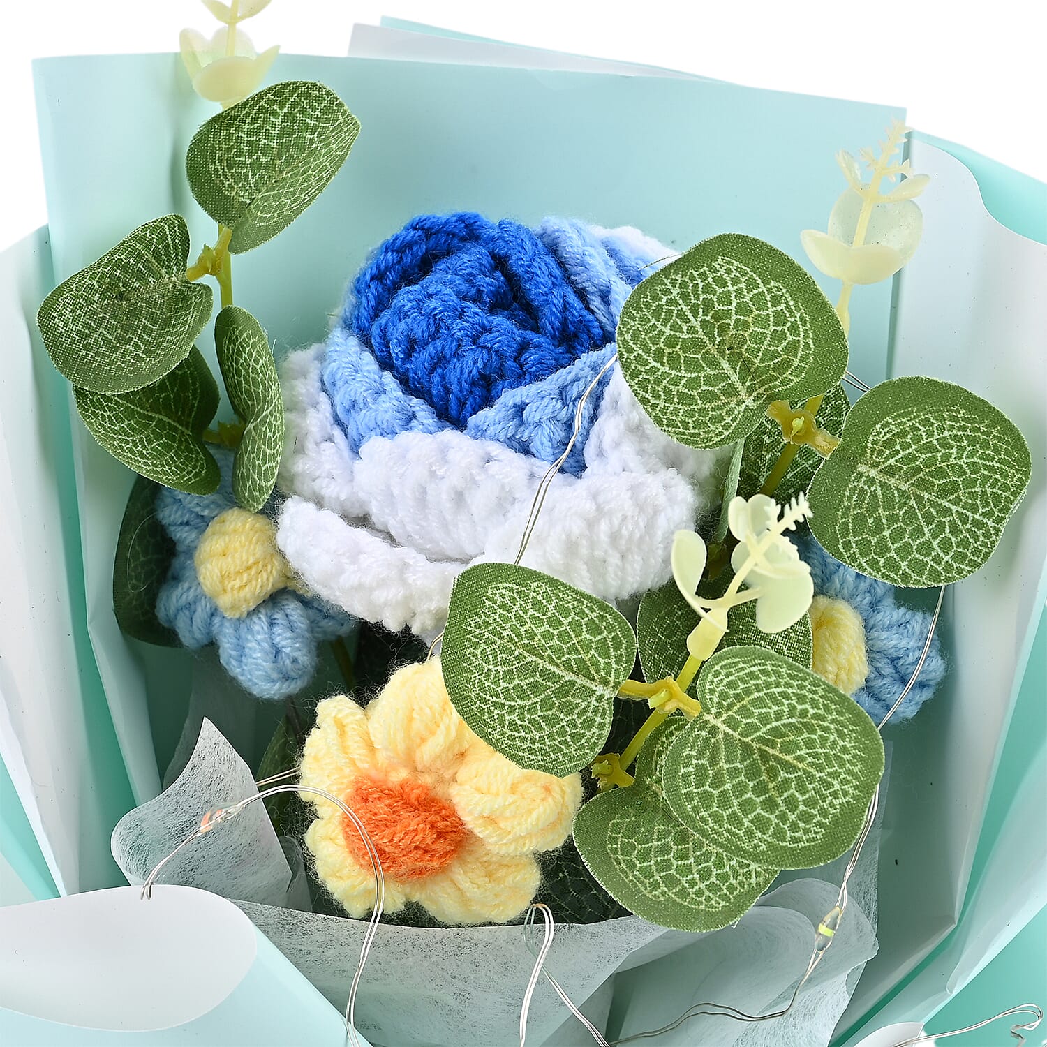 LIVMORE Handmade Knitted Flower Bouquet with 10 LED Lights (26cm) - Turquoise