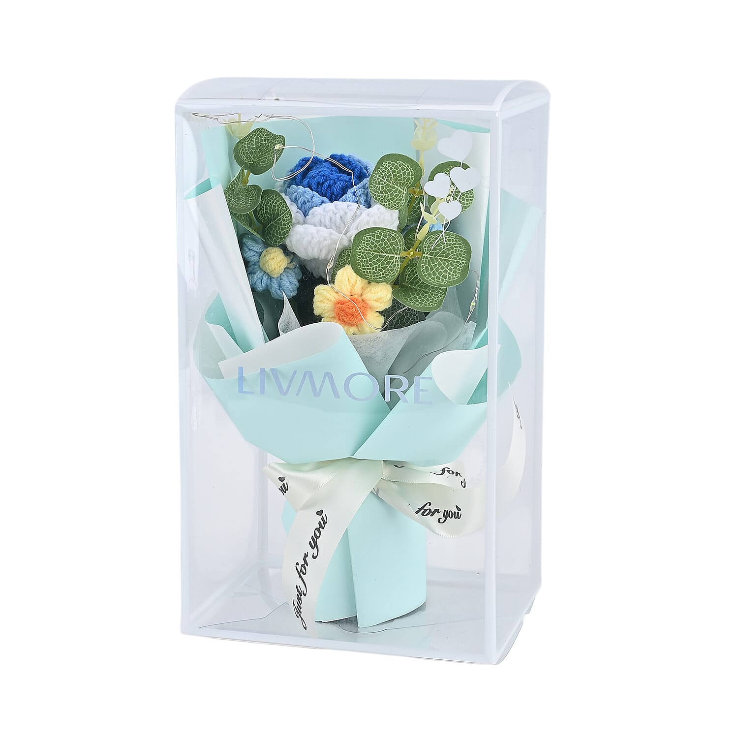 LIVMORE Handmade Knitted Flower Bouquet with 10 LED Lights (26cm) - Turquoise