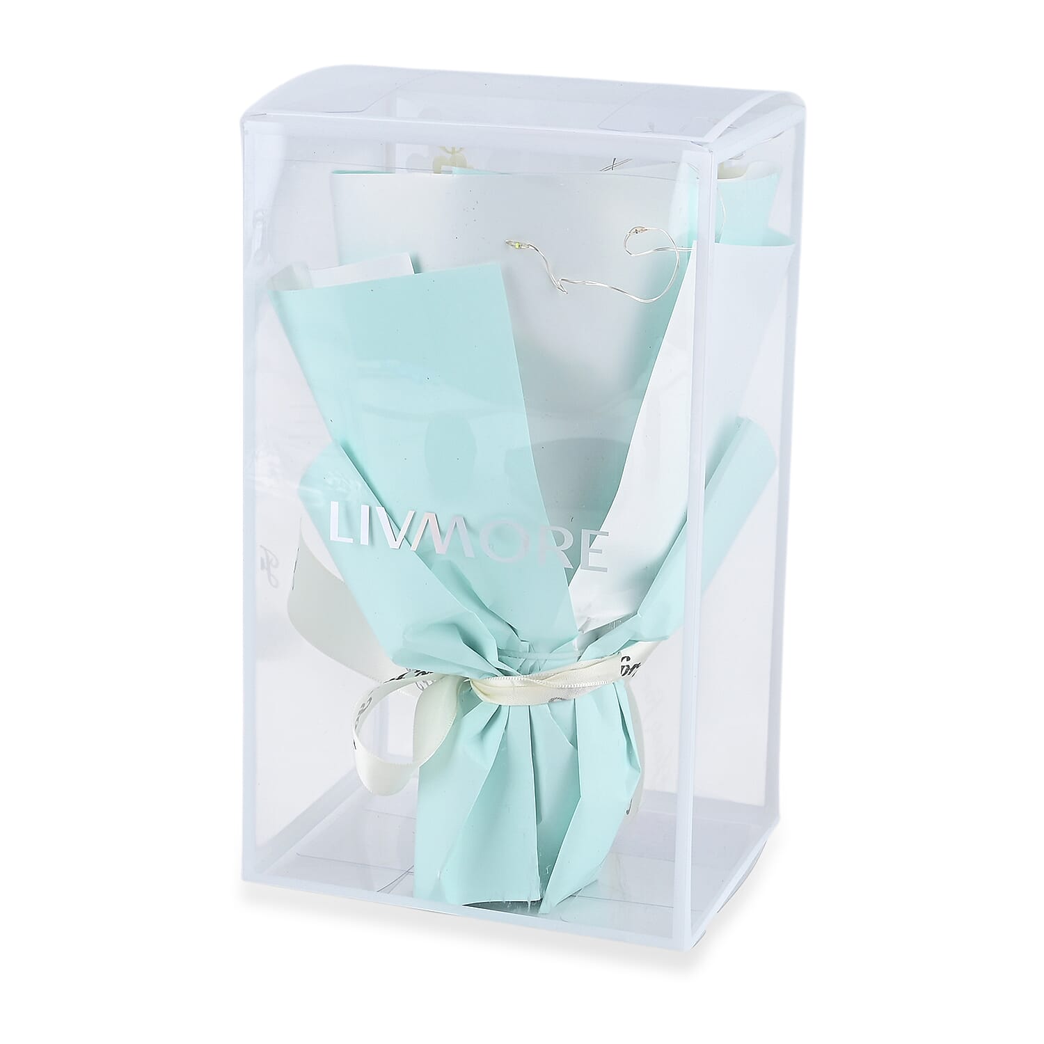 LIVMORE Handmade Knitted Flower Bouquet with 10 LED Lights (26cm) - Turquoise