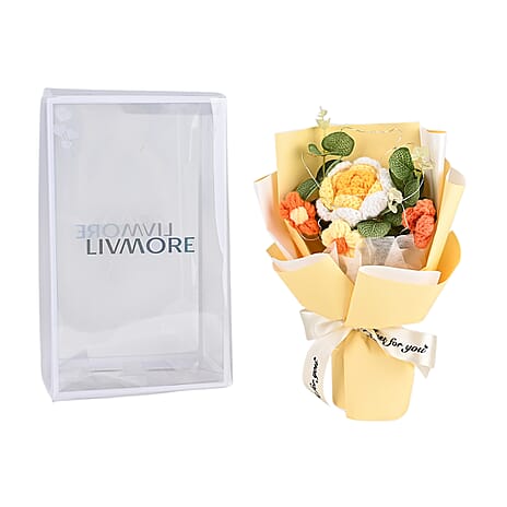 LIVMORE Handmade Knitted Flower Bouquet with 10 LED Lights (26cm) - Yellow