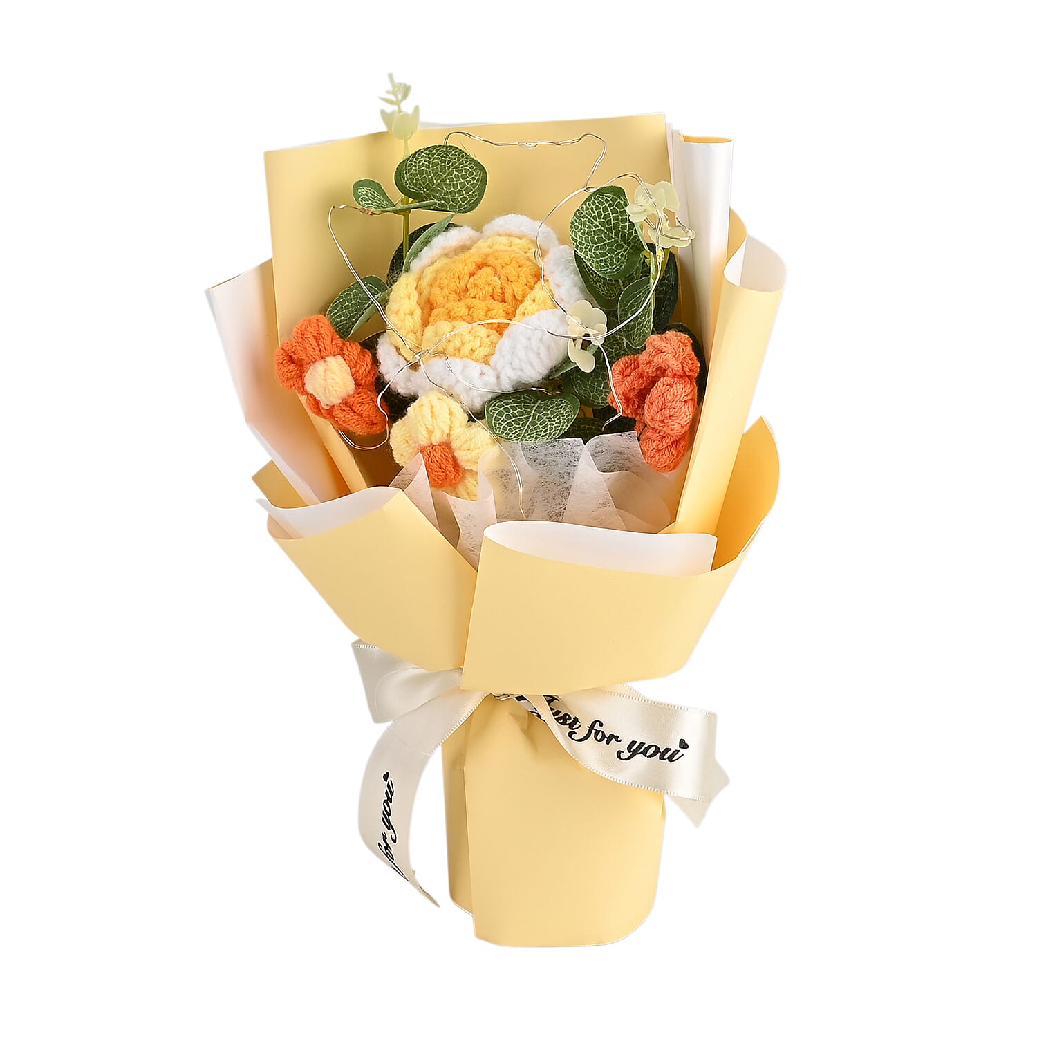 LIVMORE Handmade Knitted Flower Bouquet with 10 LED Lights (26cm) - Yellow