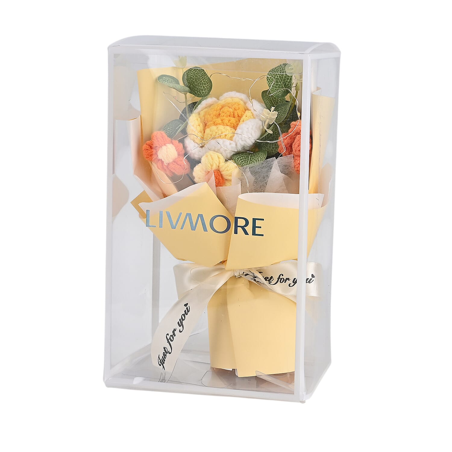 LIVMORE Handmade Knitted Flower Bouquet with 10 LED Lights (26cm) - Yellow