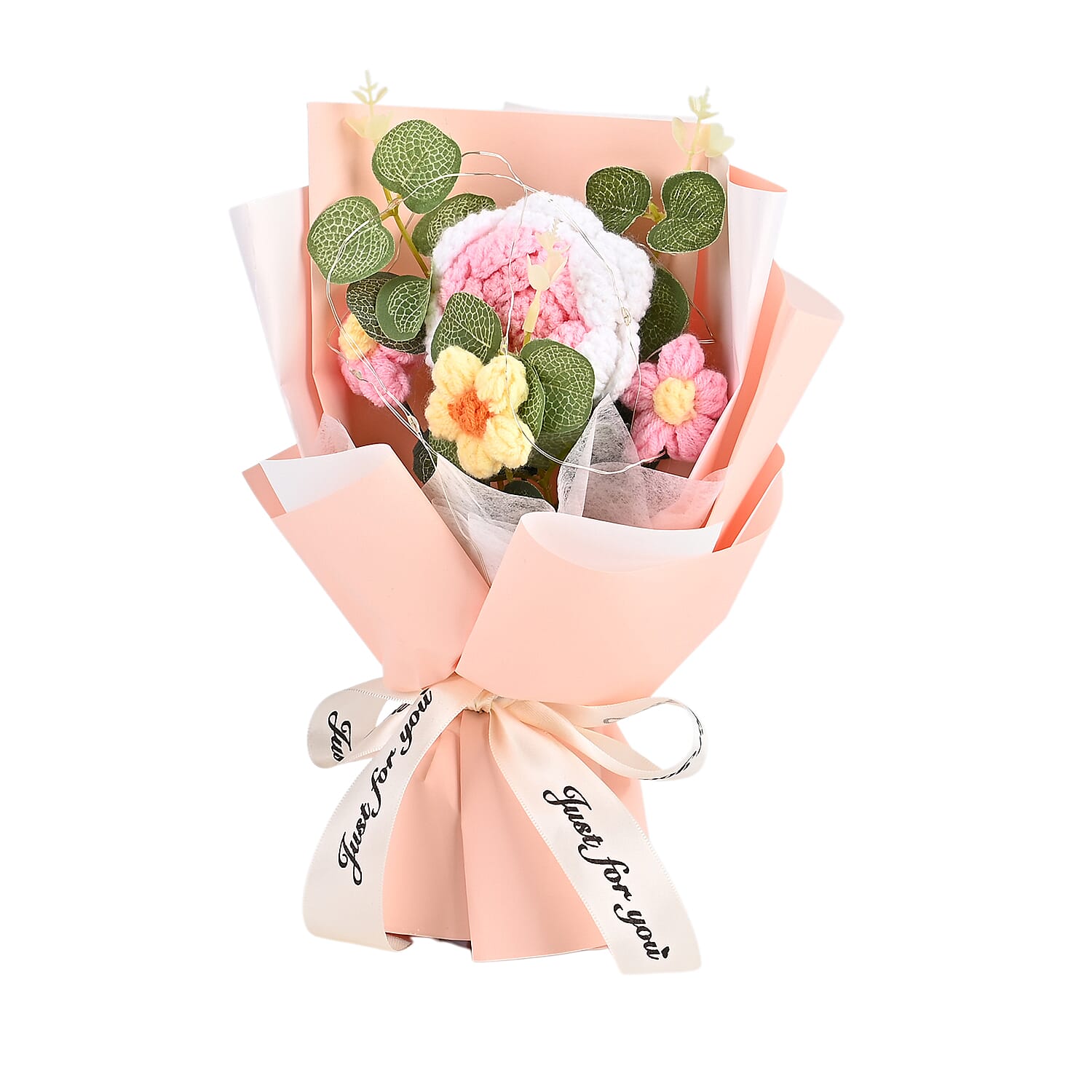 LIVMORE Handmade Knitted Flower Bouquet with 10 LED Lights (26cm) - Light Peach