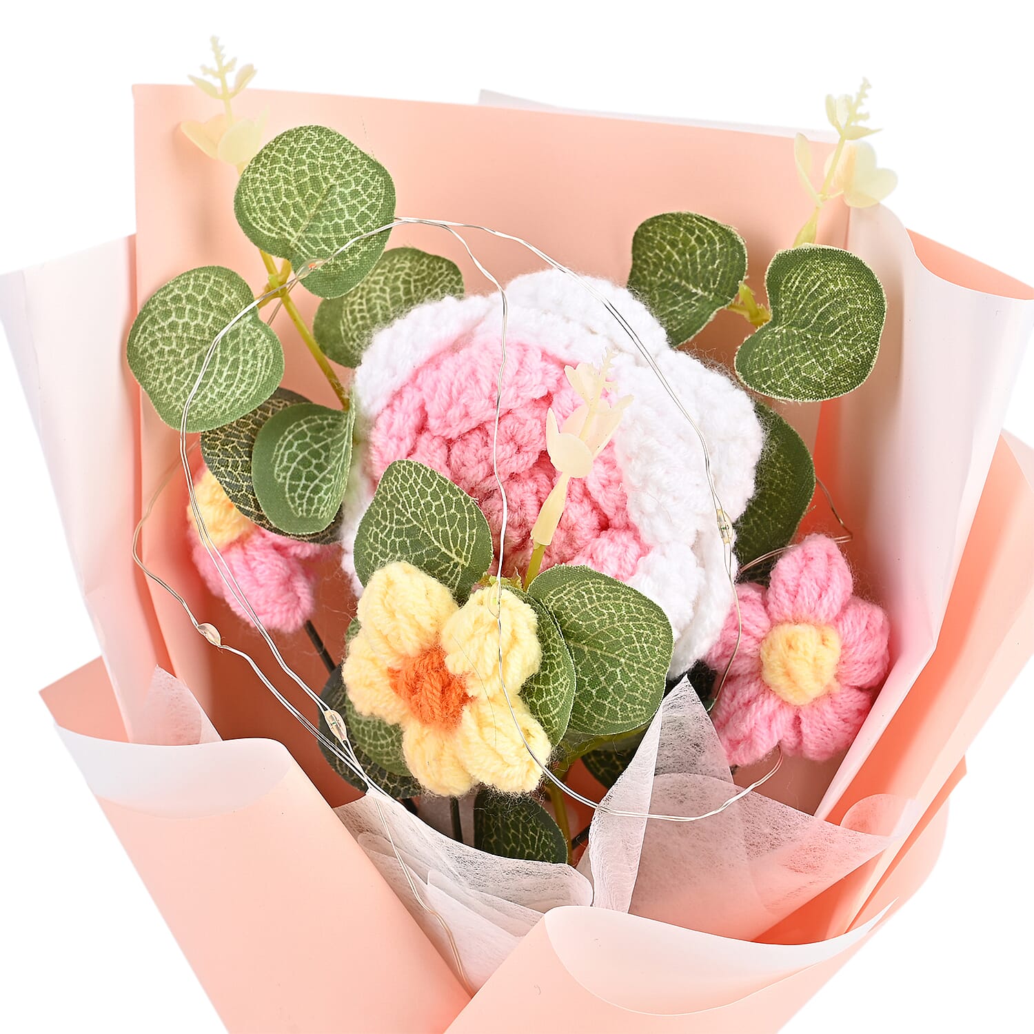 LIVMORE Handmade Knitted Flower Bouquet with 10 LED Lights (26cm) - Light Peach
