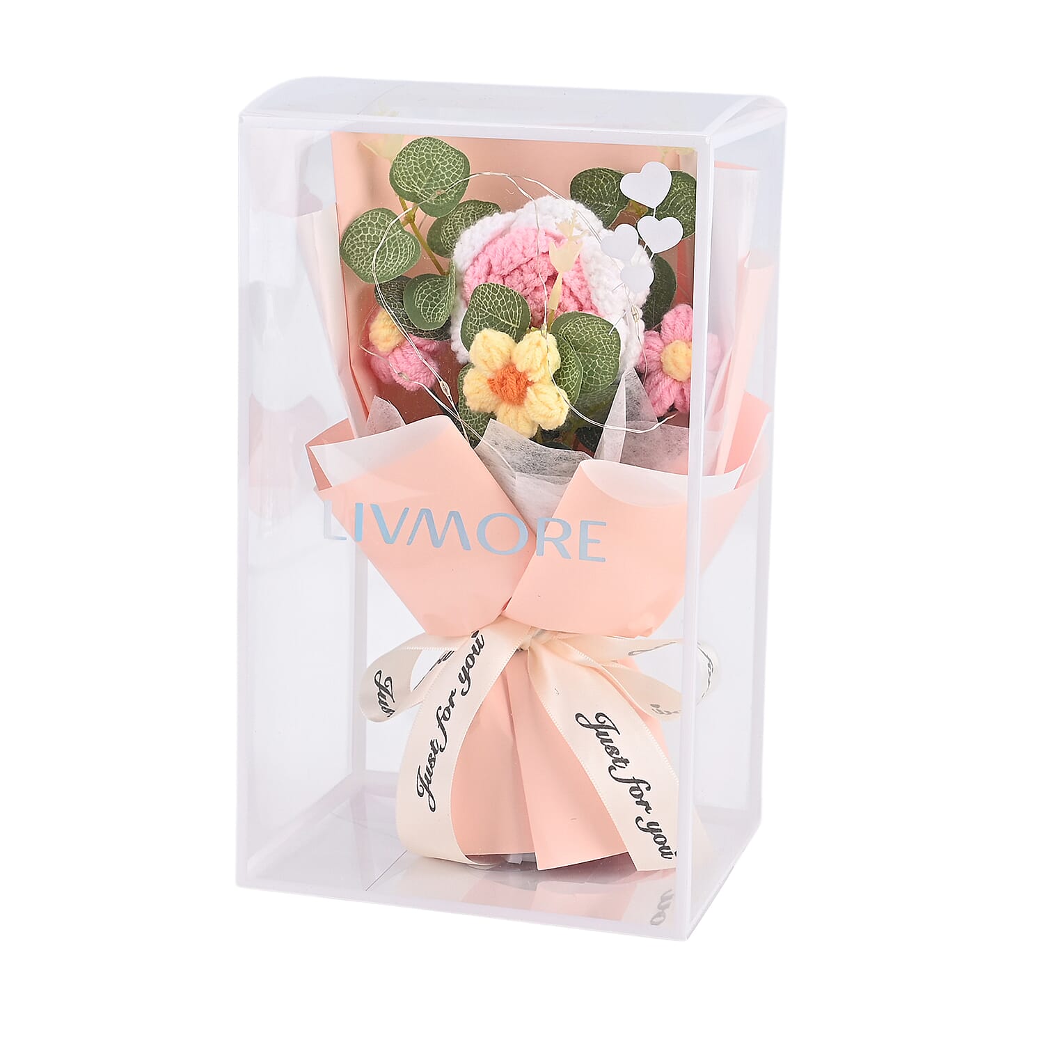 LIVMORE Handmade Knitted Flower Bouquet with 10 LED Lights (26cm) - Light Peach