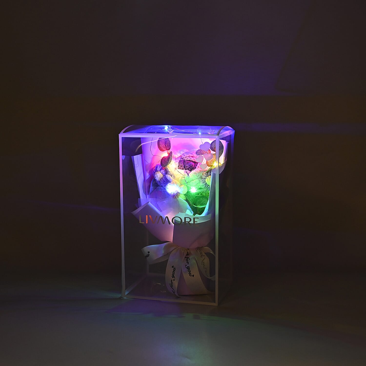 LIVMORE Handmade Knitted Flower Bouquet with 10 LED Lights (26cm) - Purple