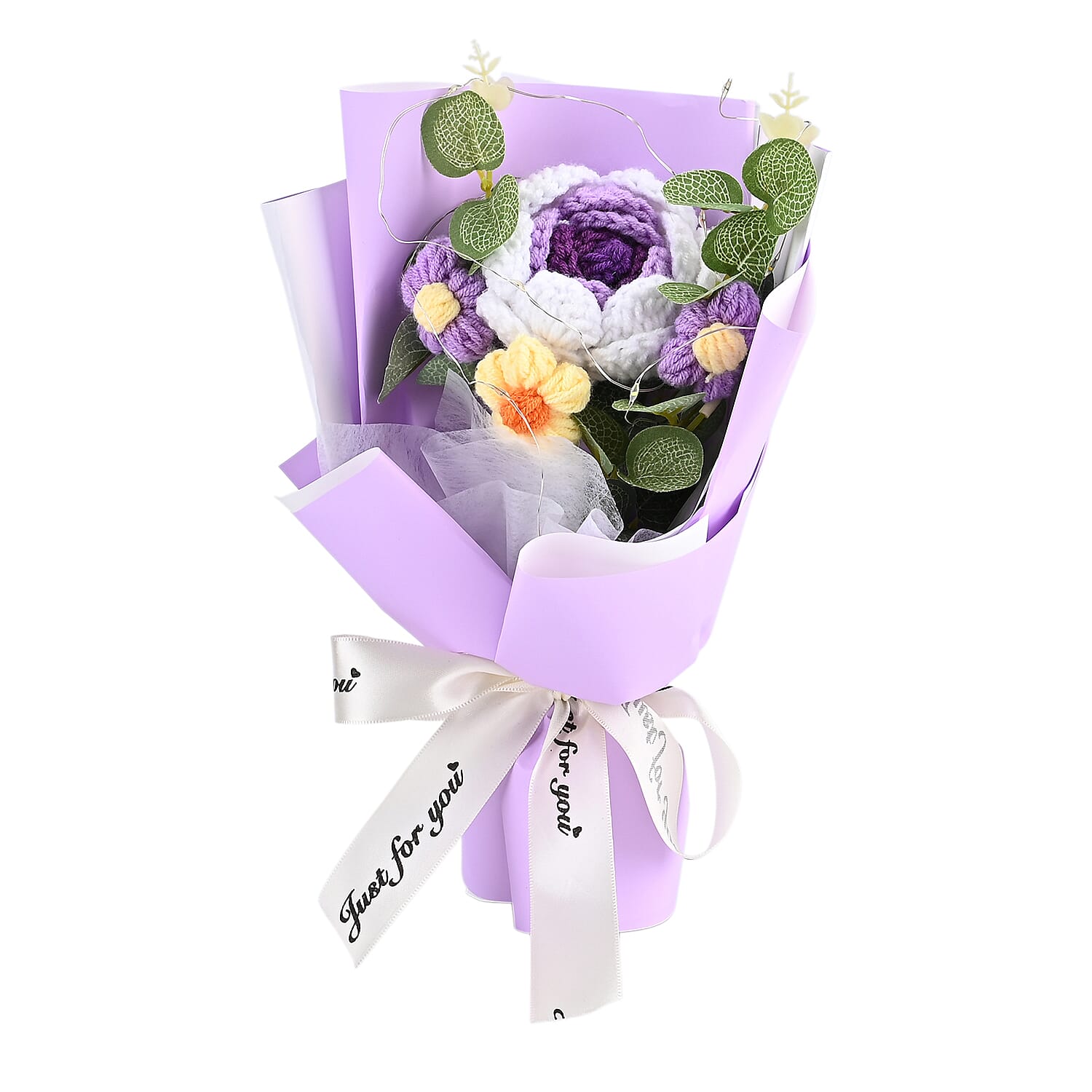 LIVMORE Handmade Knitted Flower Bouquet with 10 LED Lights (26cm) - Purple