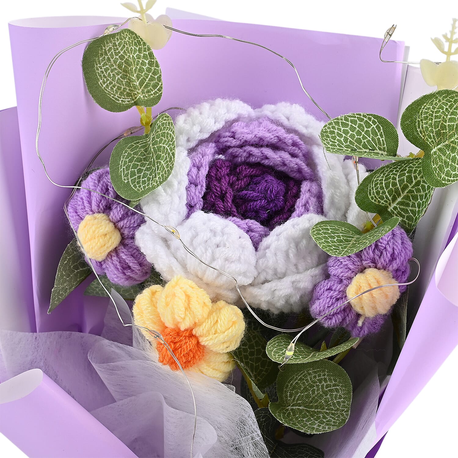 LIVMORE Handmade Knitted Flower Bouquet with 10 LED Lights (26cm) - Purple