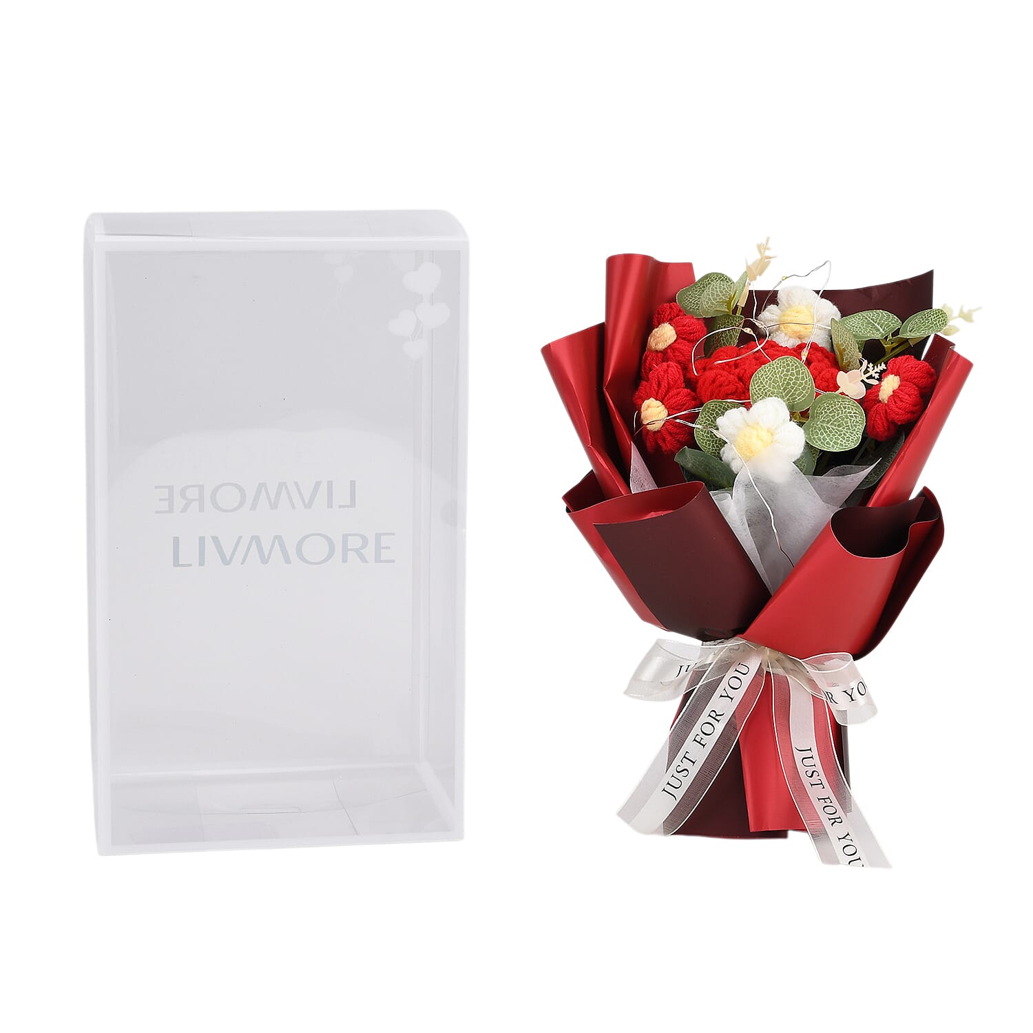 LIVMORE Handmade Knitted Flower Bouquet with 10 LED Lights (26cm) - Red