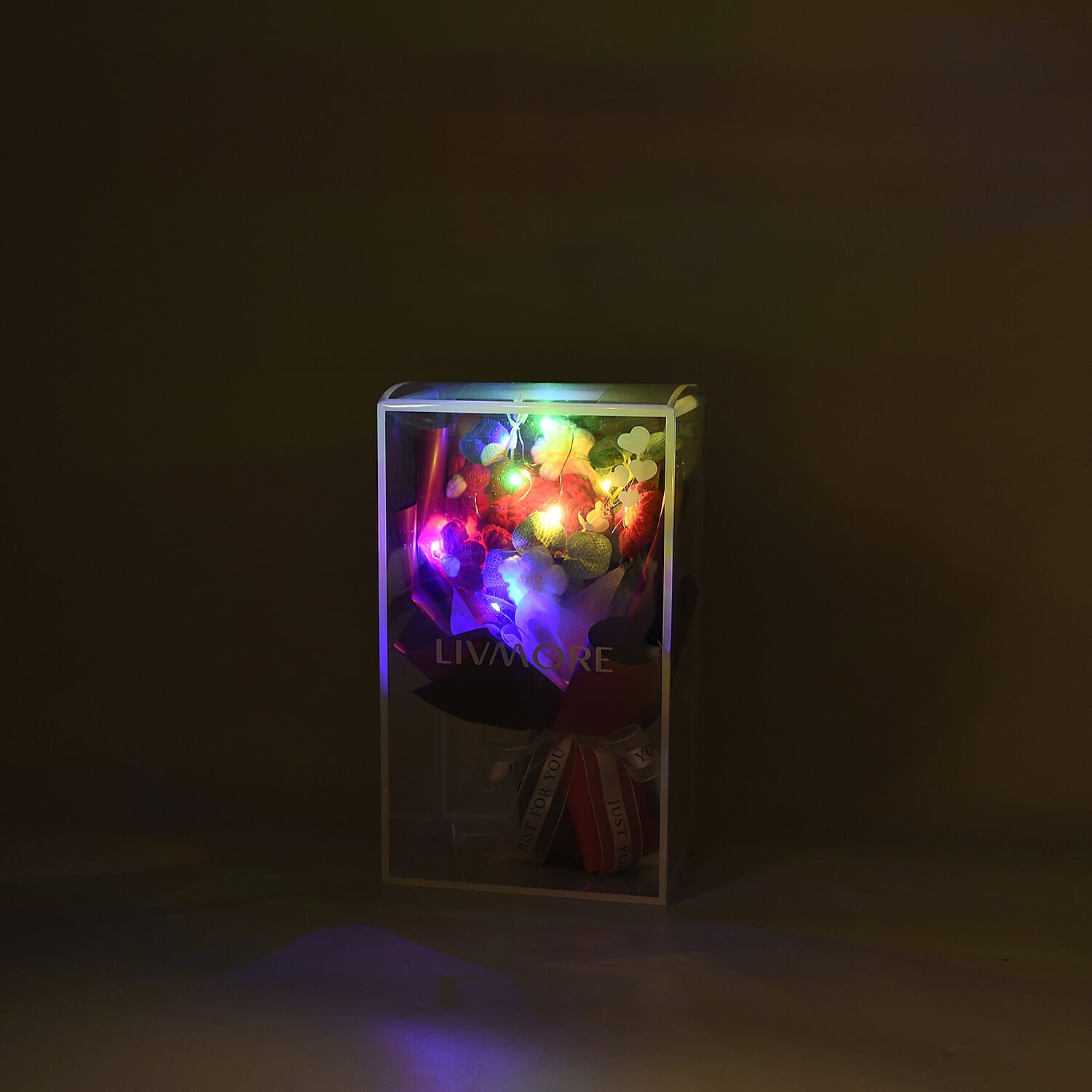 LIVMORE Handmade Knitted Flower Bouquet with 10 LED Lights (26cm) - Red