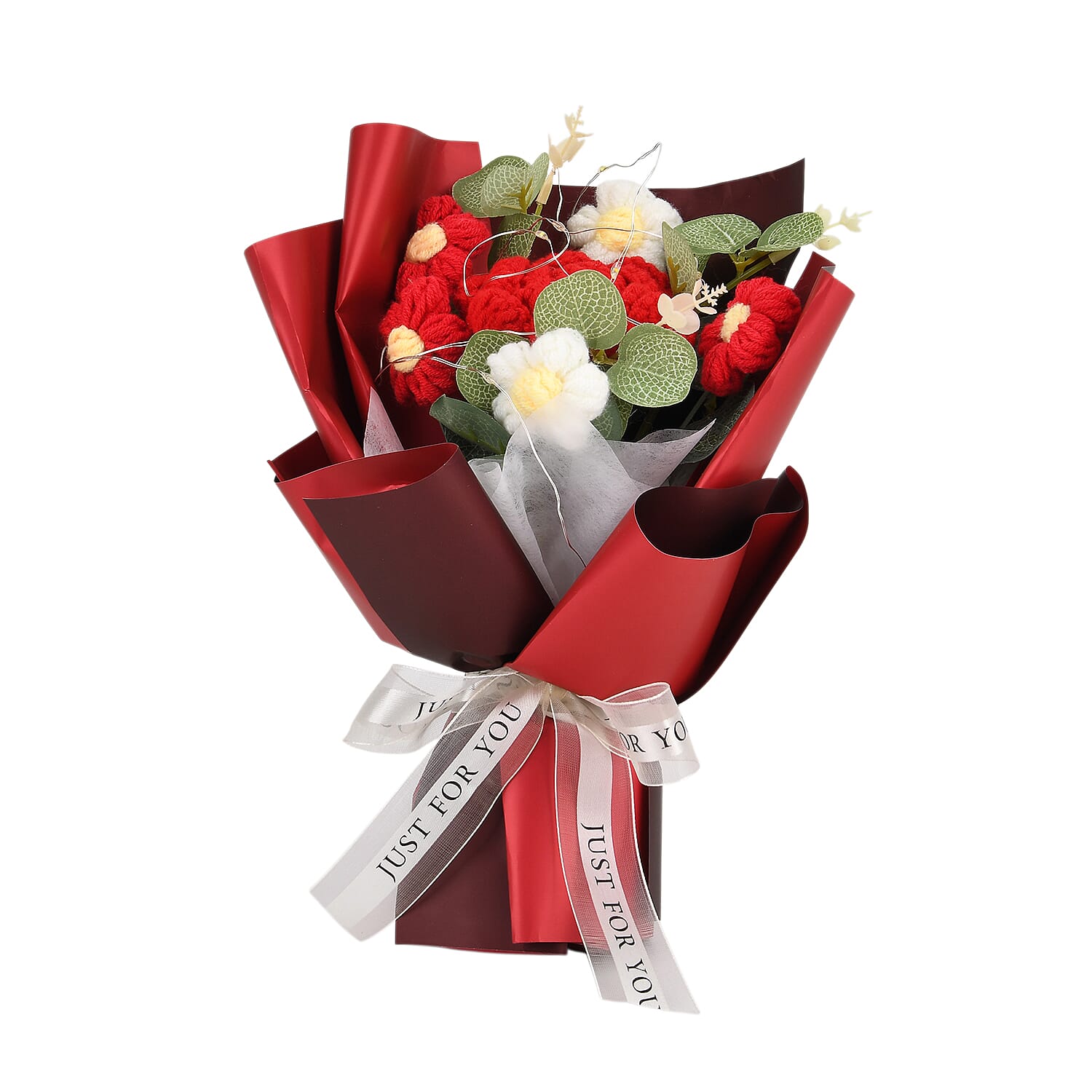 LIVMORE Handmade Knitted Flower Bouquet with 10 LED Lights (26cm) - Red