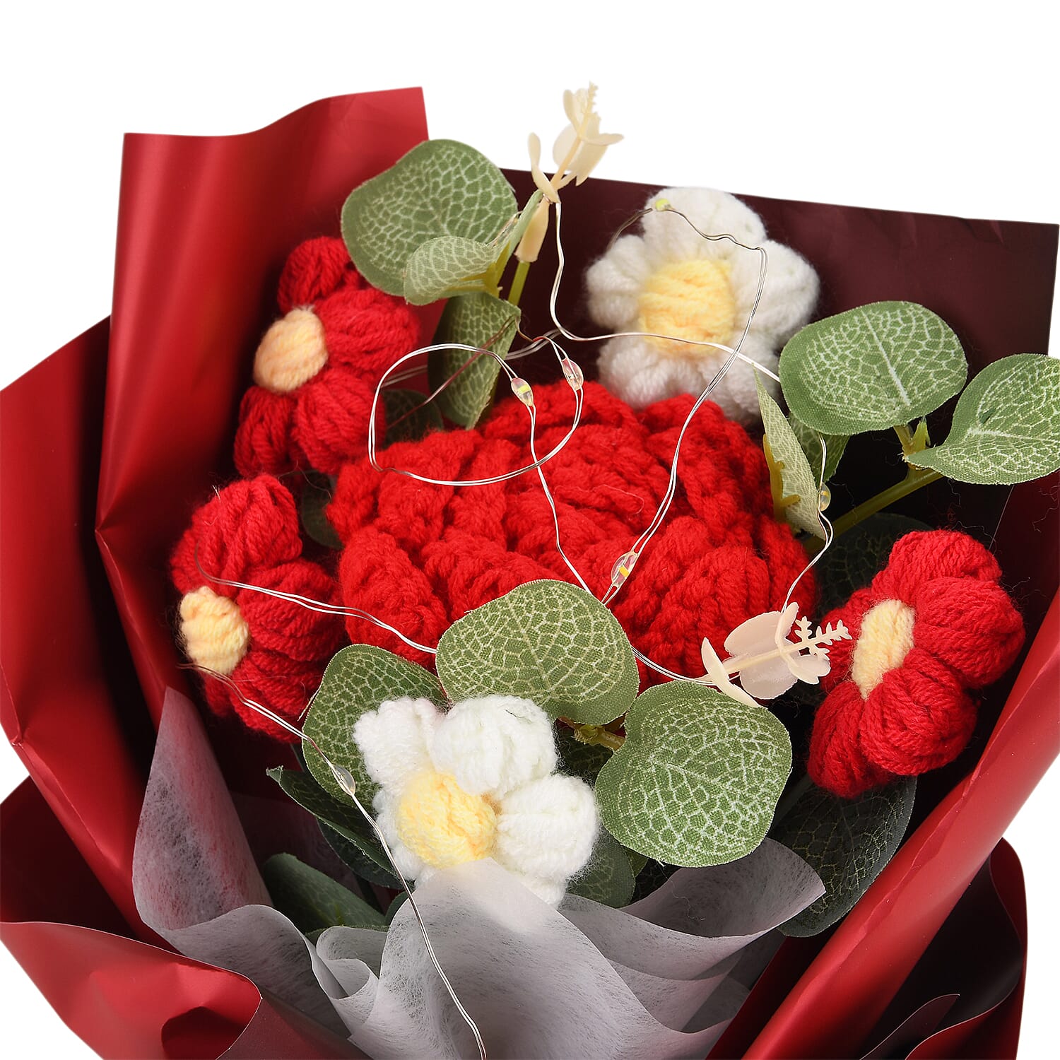 LIVMORE Handmade Knitted Flower Bouquet with 10 LED Lights (26cm) - Red