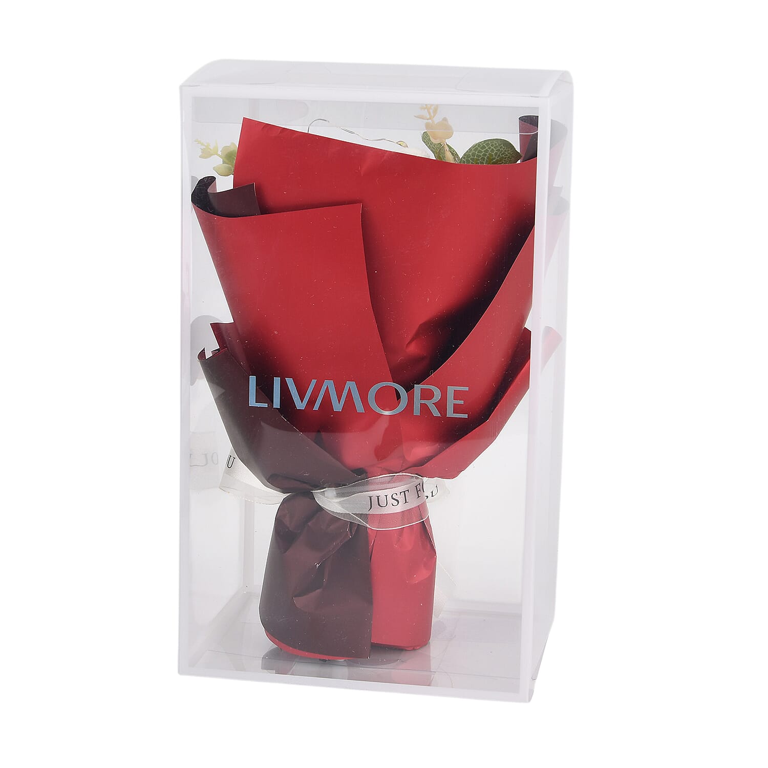 LIVMORE Handmade Knitted Flower Bouquet with 10 LED Lights (26cm) - Red