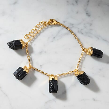 Black Tourmaline Rough Cut Bracelet (Size 7 - 1.5 Ext) in Yellow Gold Plated 20.00 Ct.