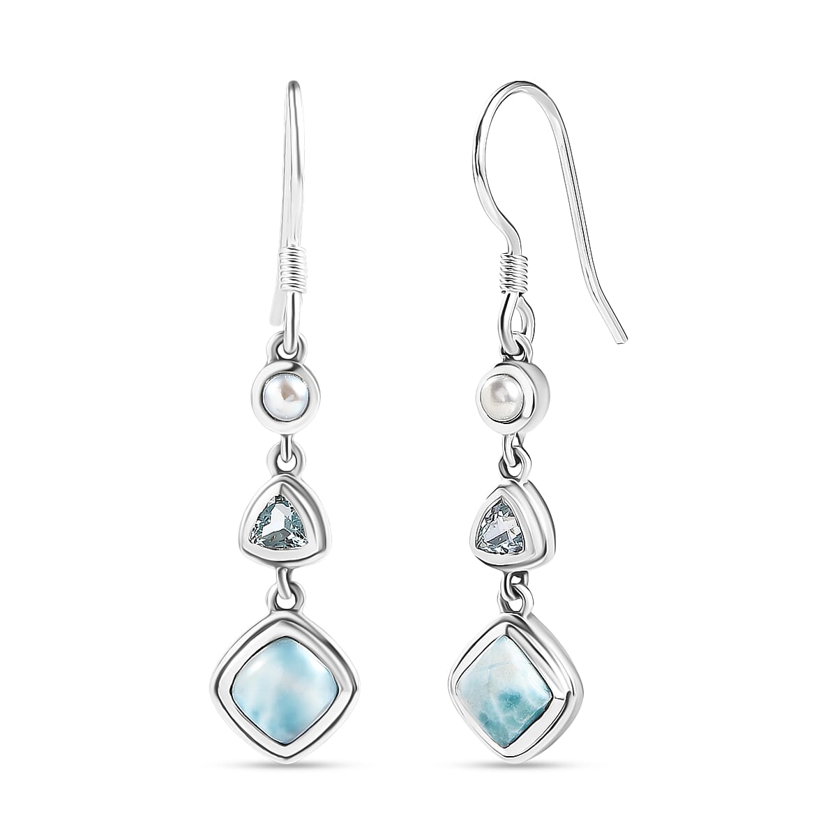 D'Joy Larimar, Skyblue Topaz & Fresh Water Pearl Dangling Earring with J Hook in Black Oxidised Sterling Silver 3.70 Ct.