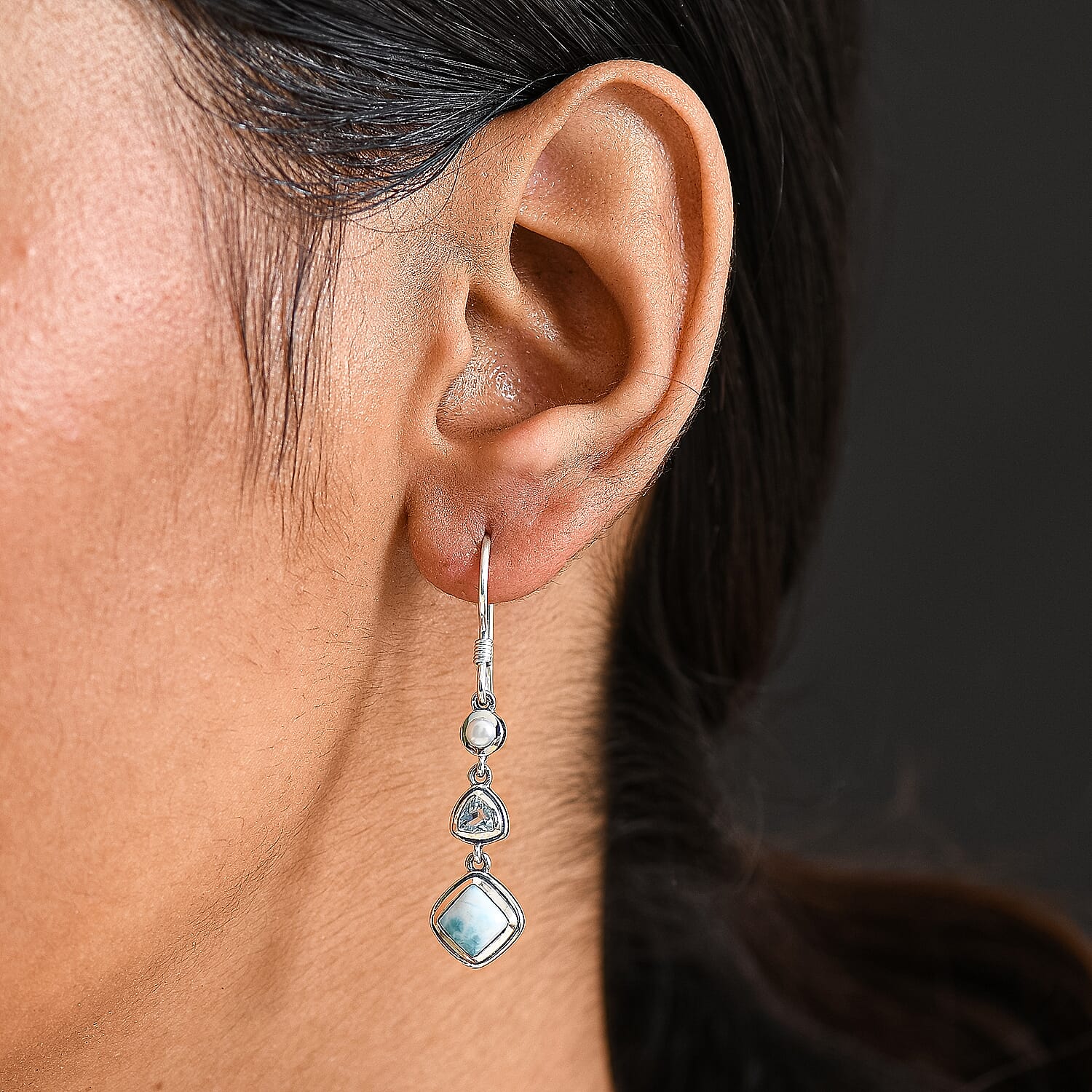 D'Joy Larimar, Skyblue Topaz & Fresh Water Pearl Dangling Earring with J Hook in Black Oxidised Sterling Silver 3.70 Ct.