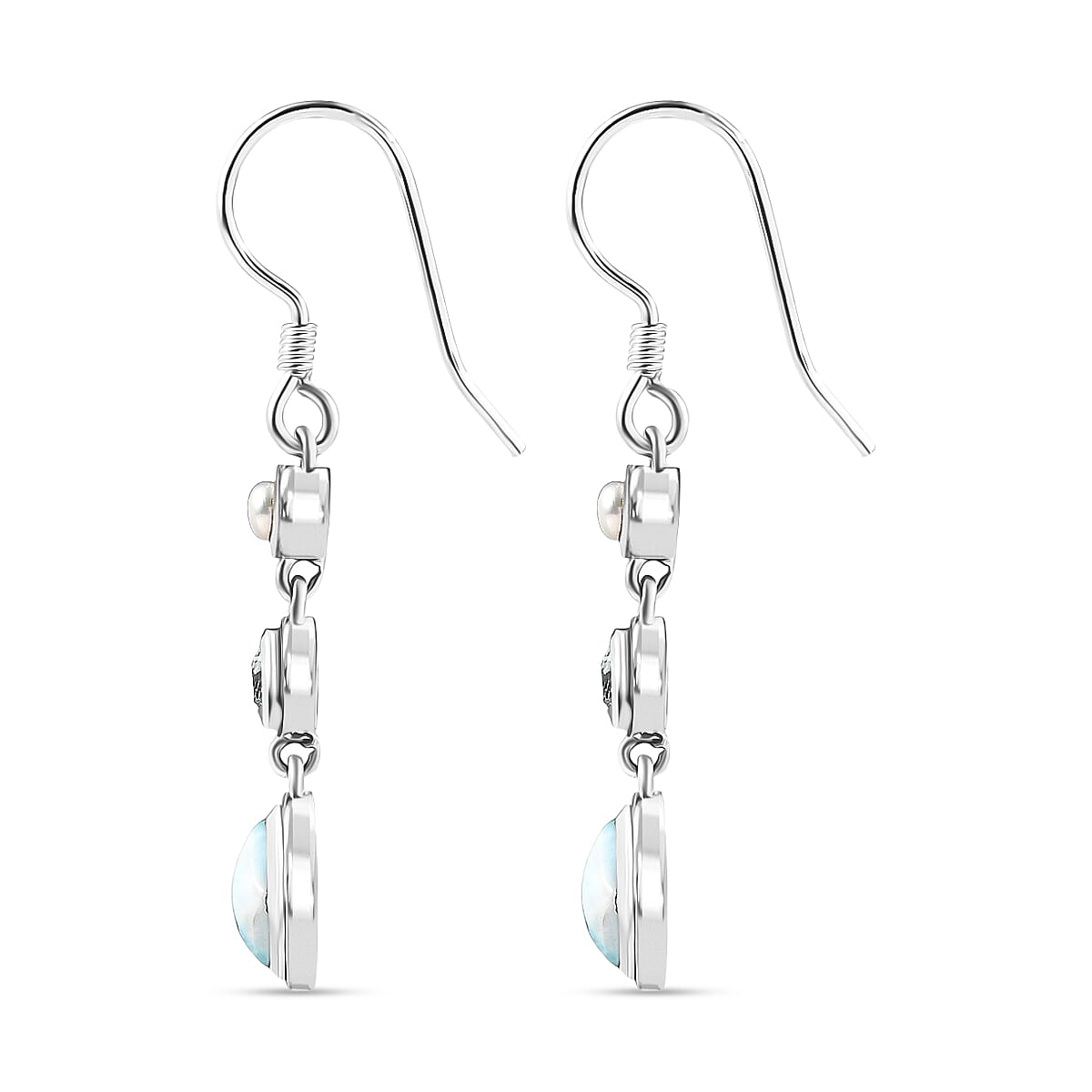 D'Joy Larimar, Skyblue Topaz & Fresh Water Pearl Dangling Earring with J Hook in Black Oxidised Sterling Silver 3.70 Ct.