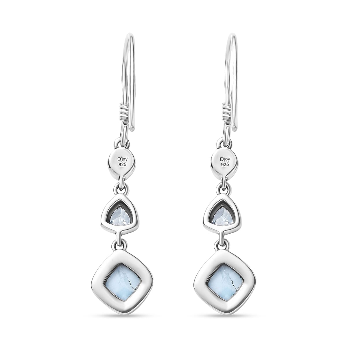 D'Joy Larimar, Skyblue Topaz & Fresh Water Pearl Dangling Earring with J Hook in Black Oxidised Sterling Silver 3.70 Ct.