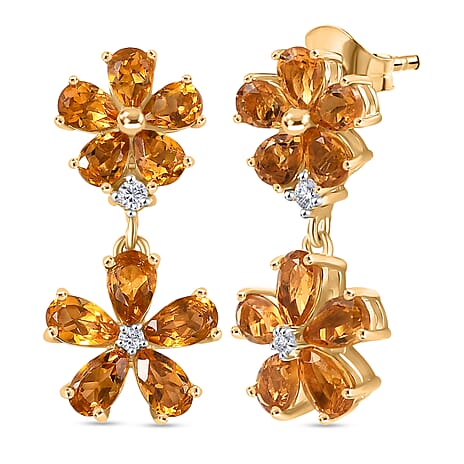 D'Joy Serra Gaucha Citrine & White Zircon Floral Earring with Push Back in Yellow Gold Plated Sterling Silver 3.68 Ct.
