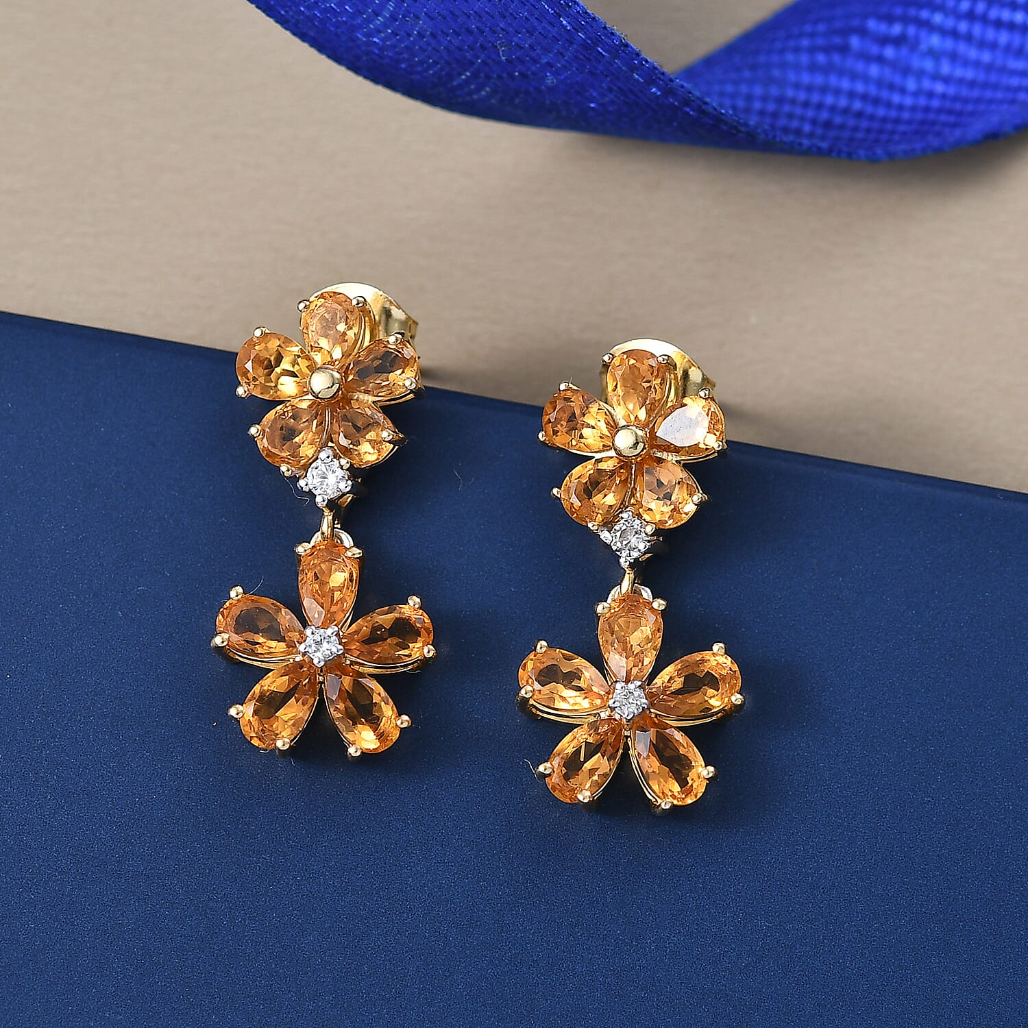 D'Joy Serra Gaucha Citrine & White Zircon Floral Earring with Push Back in Yellow Gold Plated Sterling Silver 3.68 Ct.