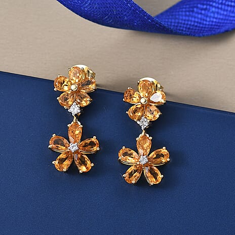 D'Joy Serra Gaucha Citrine & White Zircon Floral Earring with Push Back in Yellow Gold Plated Sterling Silver 3.68 Ct.