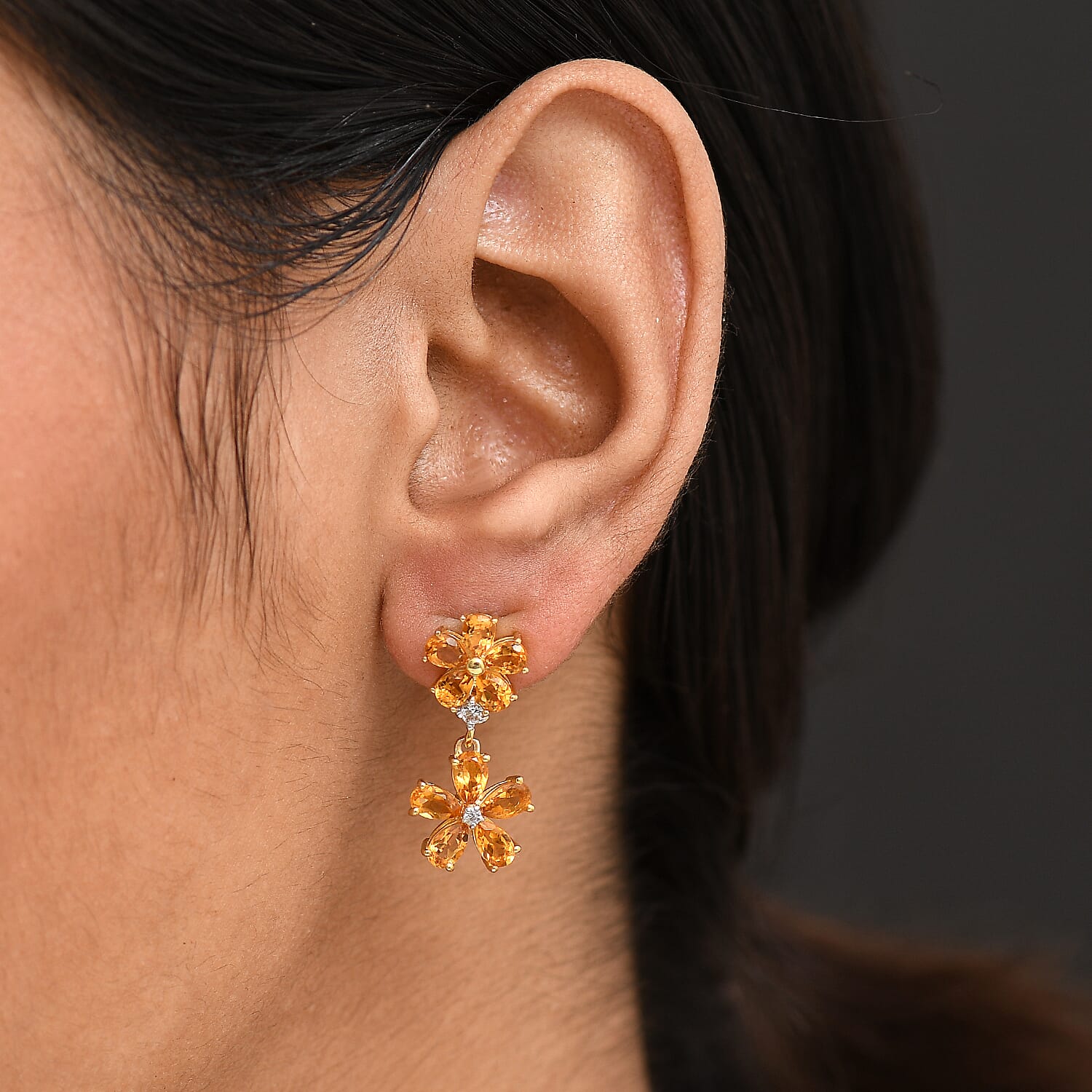 D'Joy Serra Gaucha Citrine & White Zircon Floral Earring with Push Back in Yellow Gold Plated Sterling Silver 3.68 Ct.