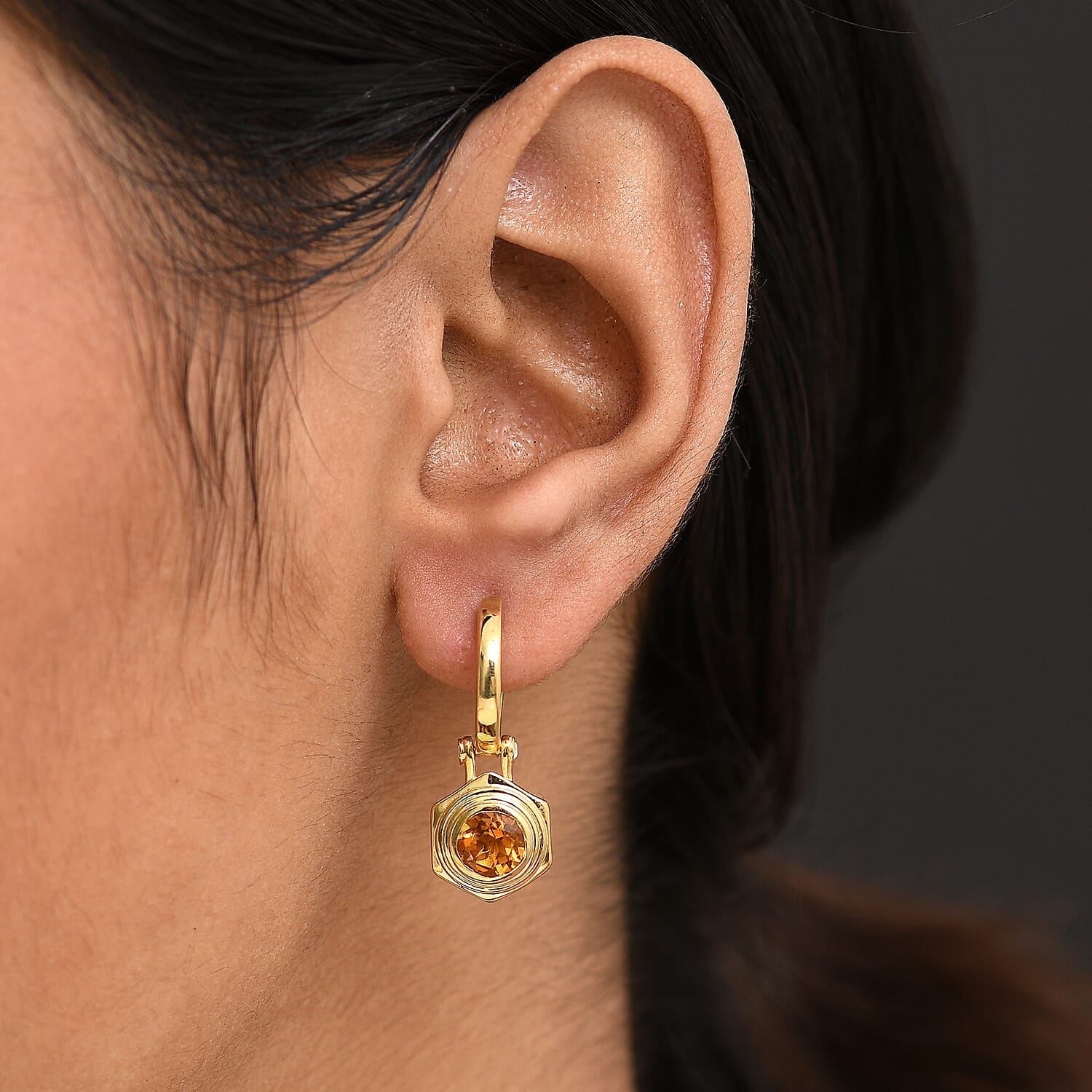 D'Joy Serra Gaucha Citrine & White Zircon Huggies Earring with Hoop in Yellow Gold Plated Sterling Silver 1.67 Ct, Silver Wt. 5.14 Gms.