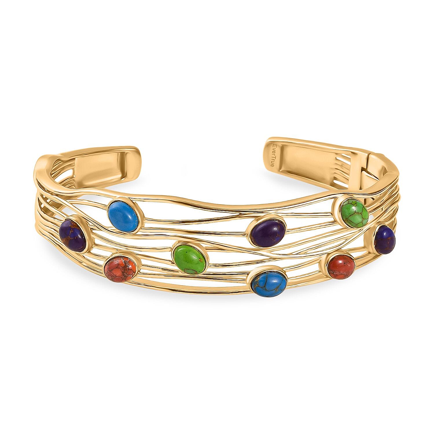 EverTrue Purple Turquoise & Multi Gemstones Cuff Bangle (Size - 7.5) in Yellow Gold Plated 5.79 Ct.