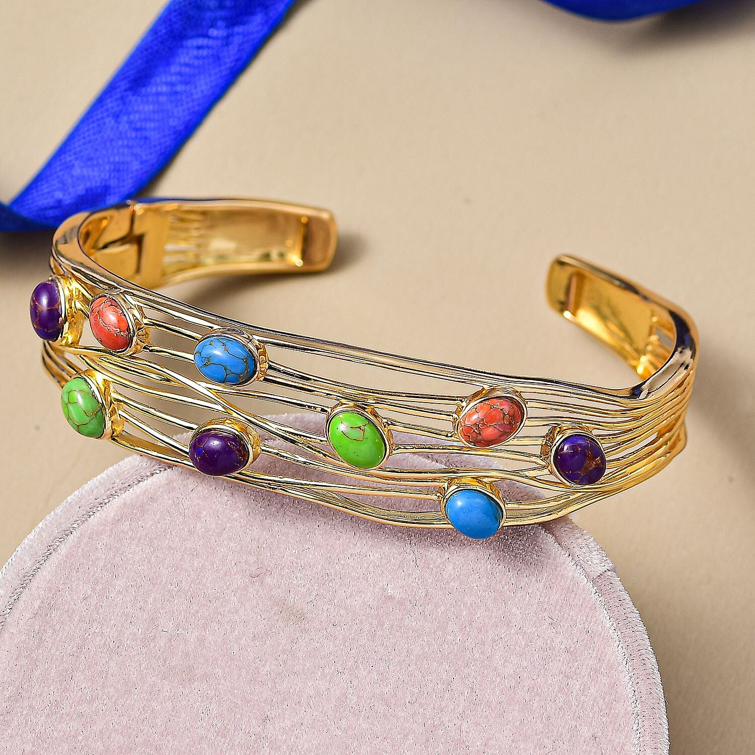EverTrue Purple Turquoise & Multi Gemstones Cuff Bangle (Size - 7.5) in Yellow Gold Plated 5.79 Ct.