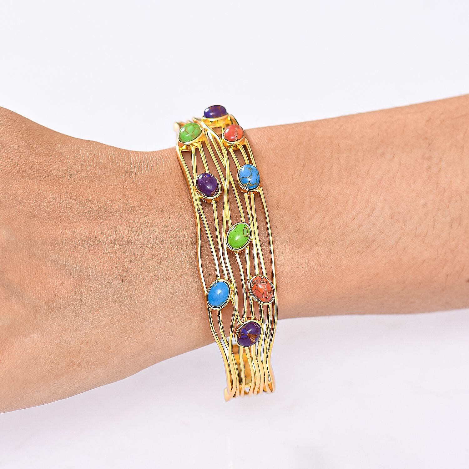 EverTrue Purple Turquoise & Multi Gemstones Cuff Bangle (Size - 7.5) in Yellow Gold Plated 5.79 Ct.