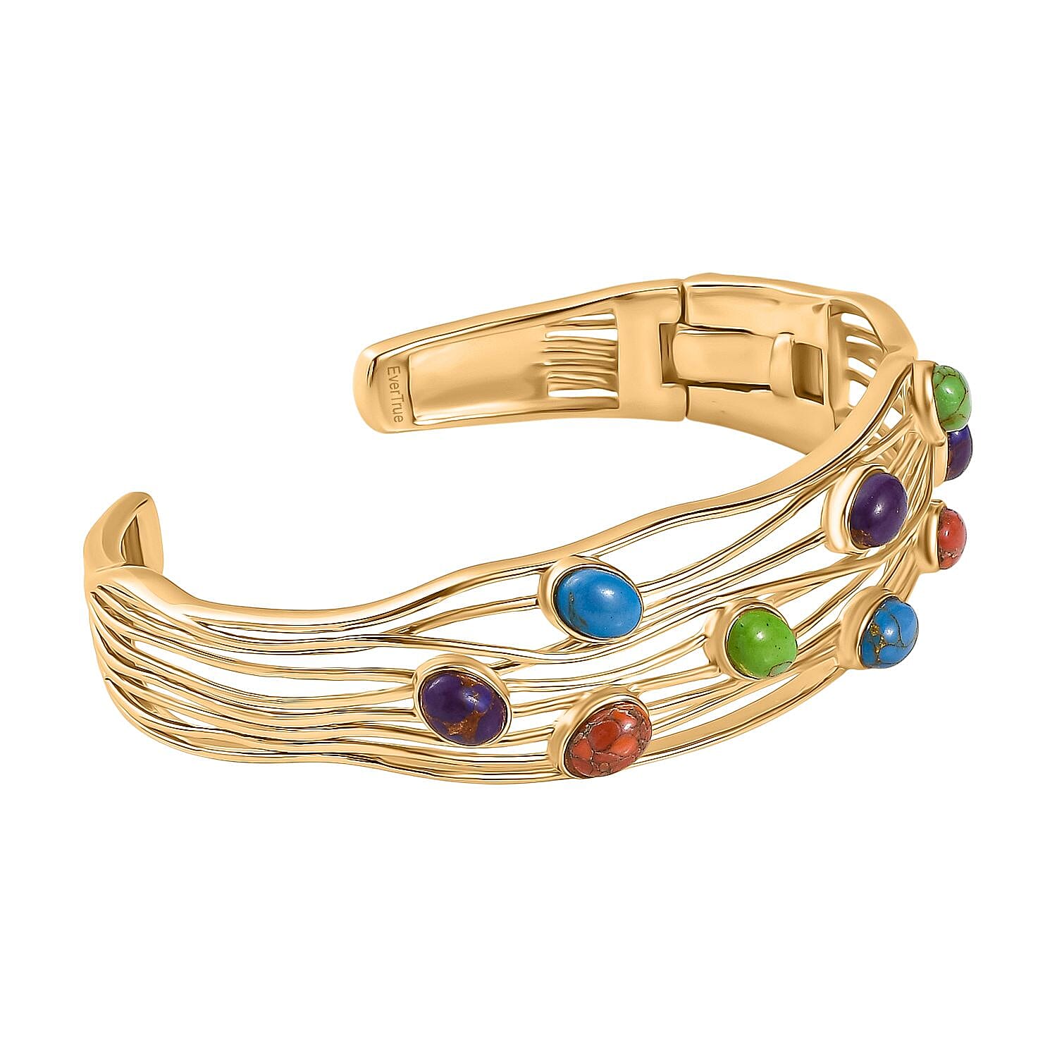 EverTrue Purple Turquoise & Multi Gemstones Cuff Bangle (Size - 7.5) in Yellow Gold Plated 5.79 Ct.