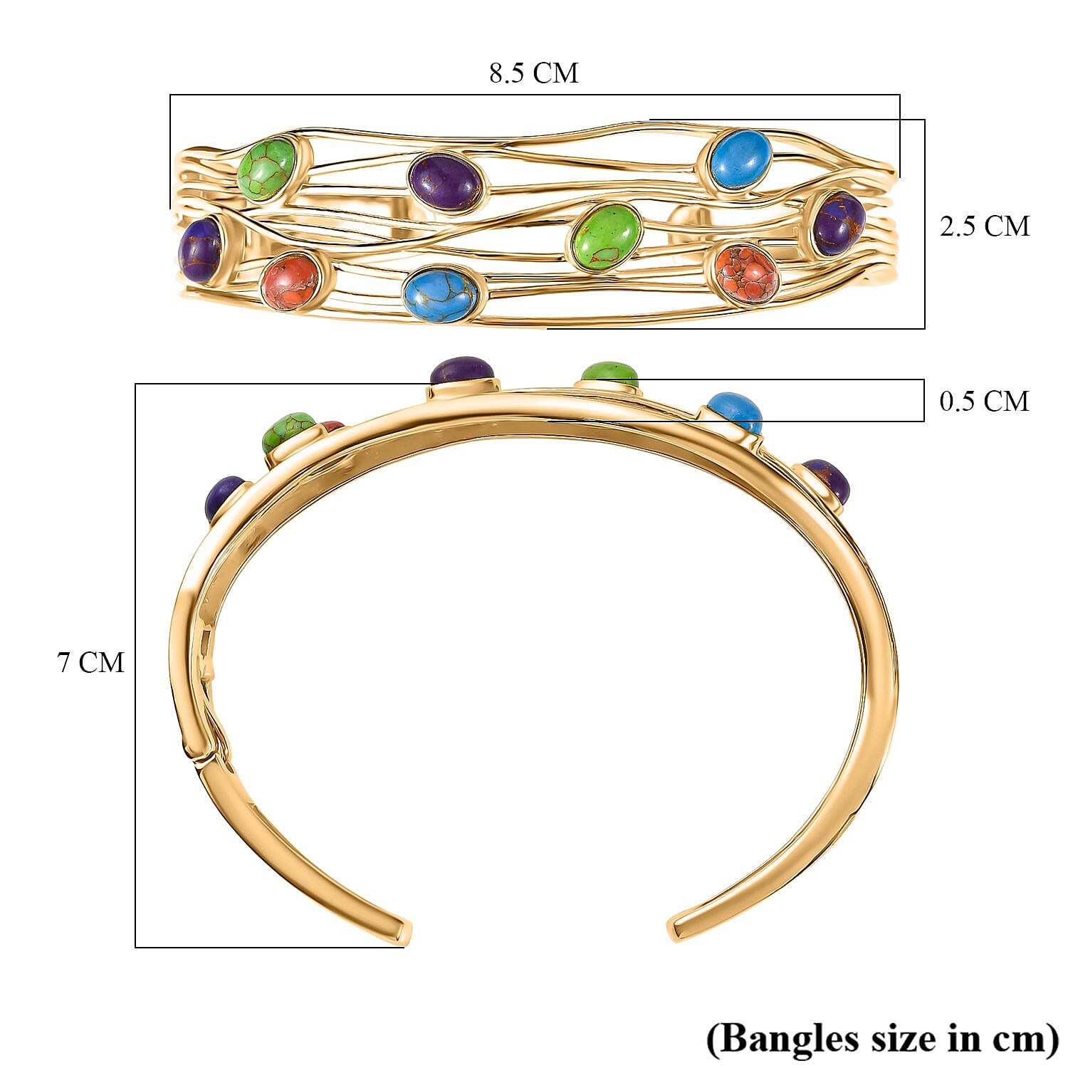 EverTrue Purple Turquoise & Multi Gemstones Cuff Bangle (Size - 7.5) in Yellow Gold Plated 5.79 Ct.