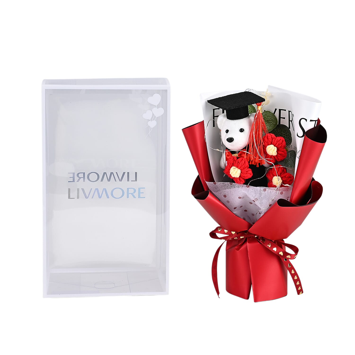 LIVMORE Handmade Knitted Flower Bouquet with Little Bear & LED Lights (26cm) - Red