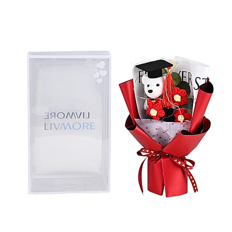 LIVMORE Handmade Knitted Flower Bouquet with Little Bear & LED Lights (26cm) - Red