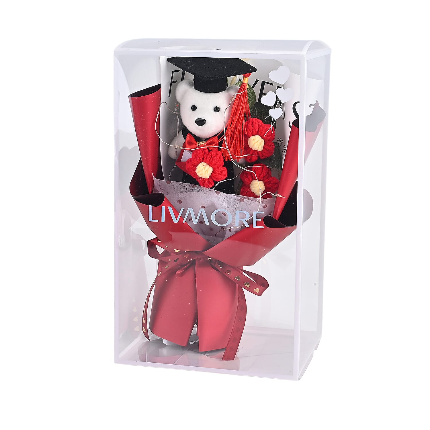 LIVMORE Handmade Knitted Flower Bouquet with Little Bear & LED Lights (26cm) - Red