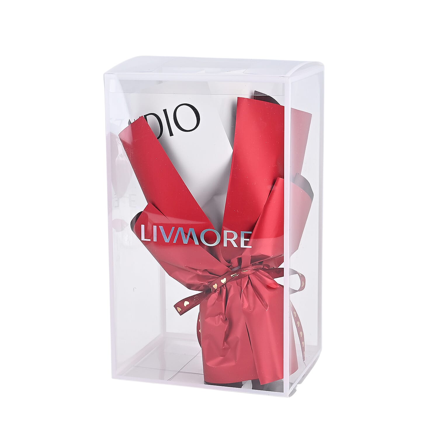 LIVMORE Handmade Knitted Flower Bouquet with Little Bear & LED Lights (26cm) - Red