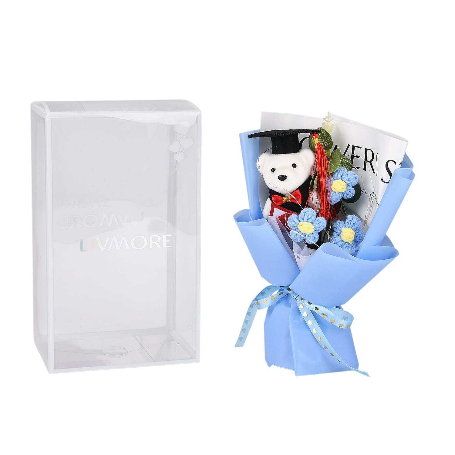 LIVMORE Handmade Knitted Flower Bouquet with Little Bear & LED Lights (26cm) - Blue