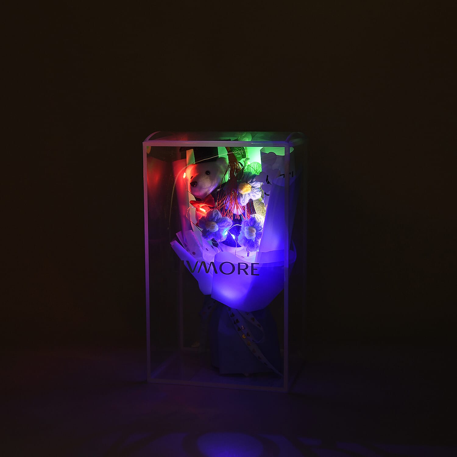 LIVMORE Handmade Knitted Flower Bouquet with Little Bear & LED Lights (26cm) - Blue