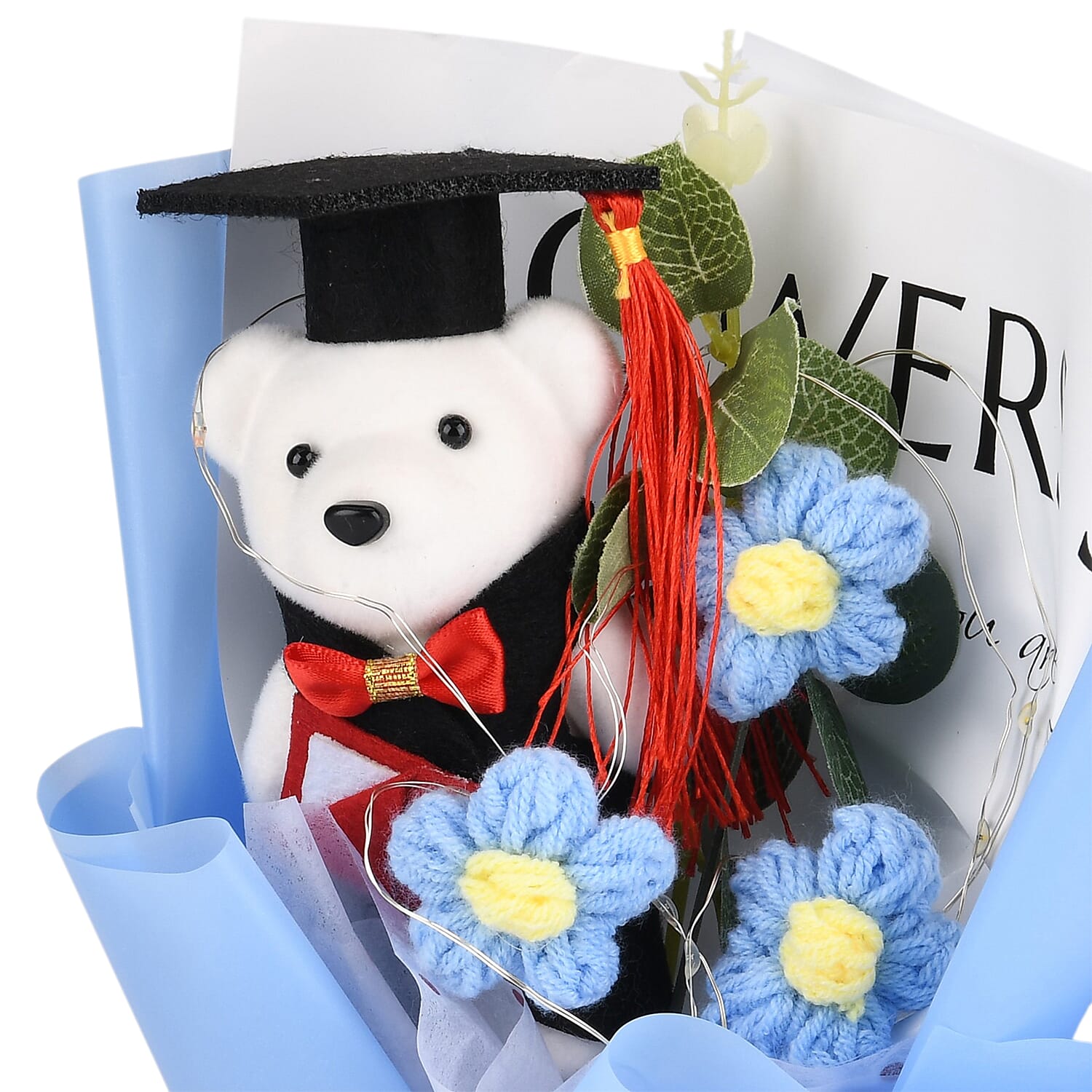 LIVMORE Handmade Knitted Flower Bouquet with Little Bear & LED Lights (26cm) - Blue