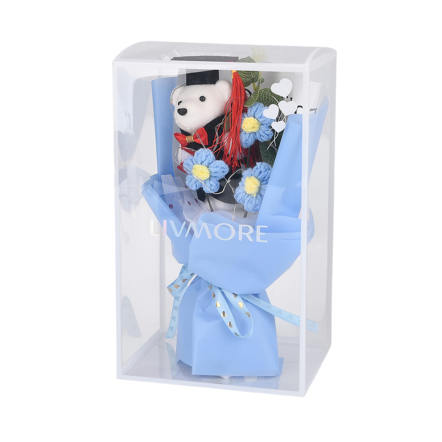 LIVMORE Handmade Knitted Flower Bouquet with Little Bear & LED Lights (26cm) - Blue
