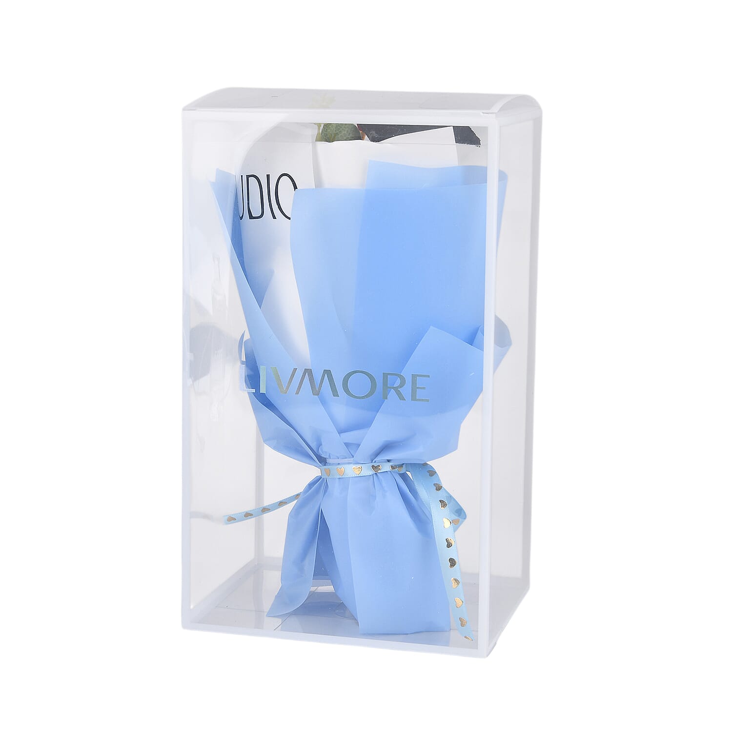 LIVMORE Handmade Knitted Flower Bouquet with Little Bear & LED Lights (26cm) - Blue